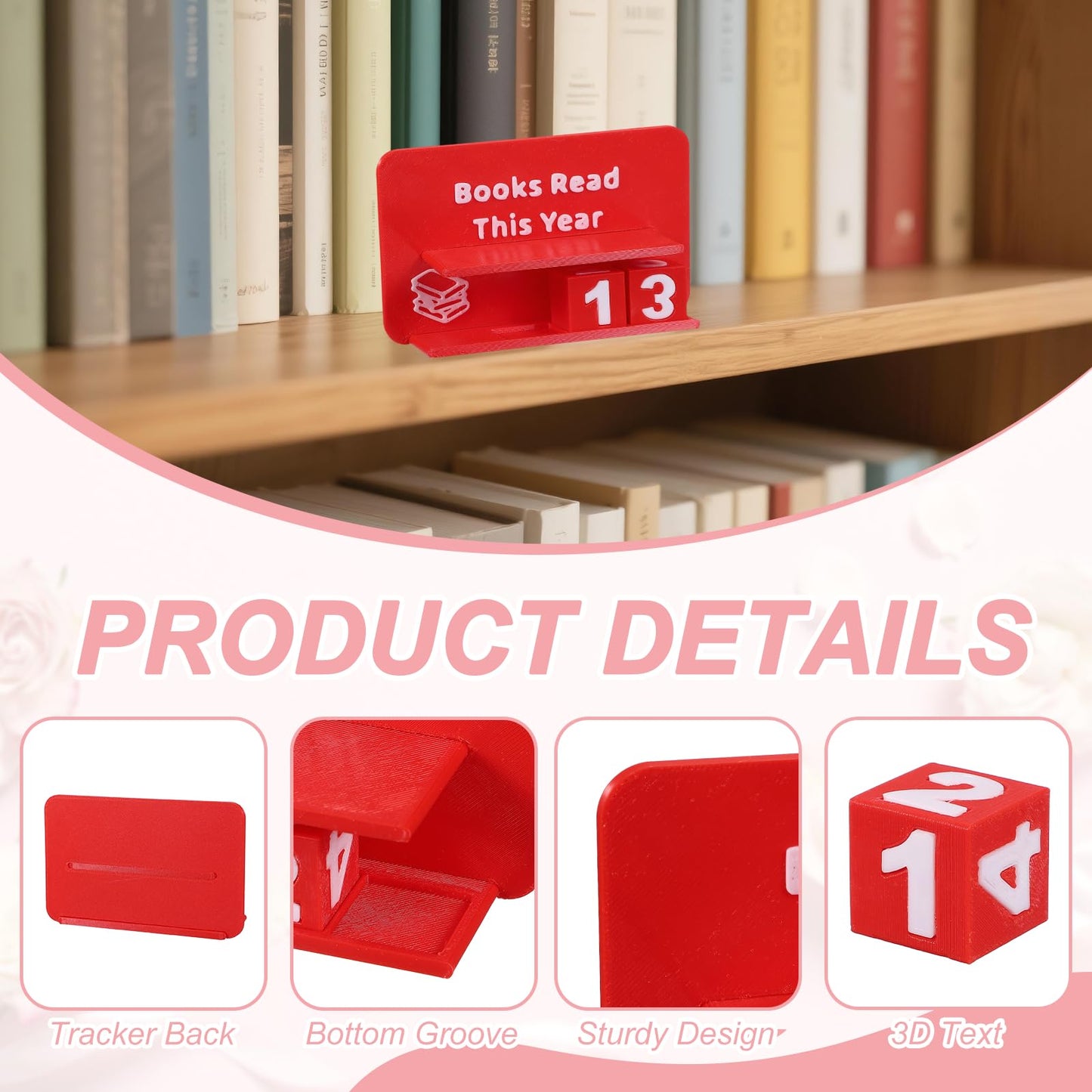 PATIKIL Books Read This Year Tracker, 3D Reading Challenge Counter Sign Library Bookshelf Decor Reading Challenge Number Up to 999 Books Gift for Reader Book Lovers Teachers, Red