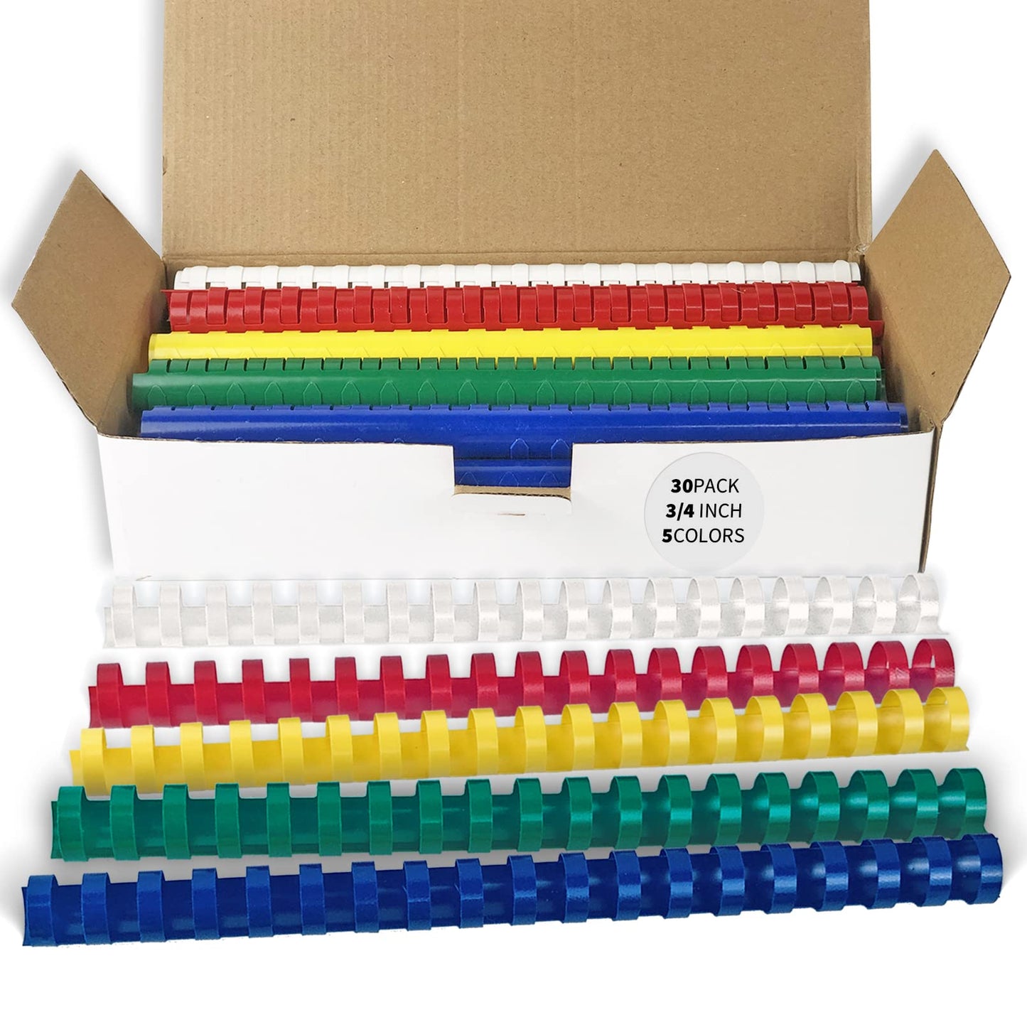 Binditek 30 Pack Plastic Binding Comb Spines, 3/4 Inch Diameter, 150 Sheet Capacity, 19 Ring, for Letter Size, Multi Color (White, Yellow, Red, Green, Blue)