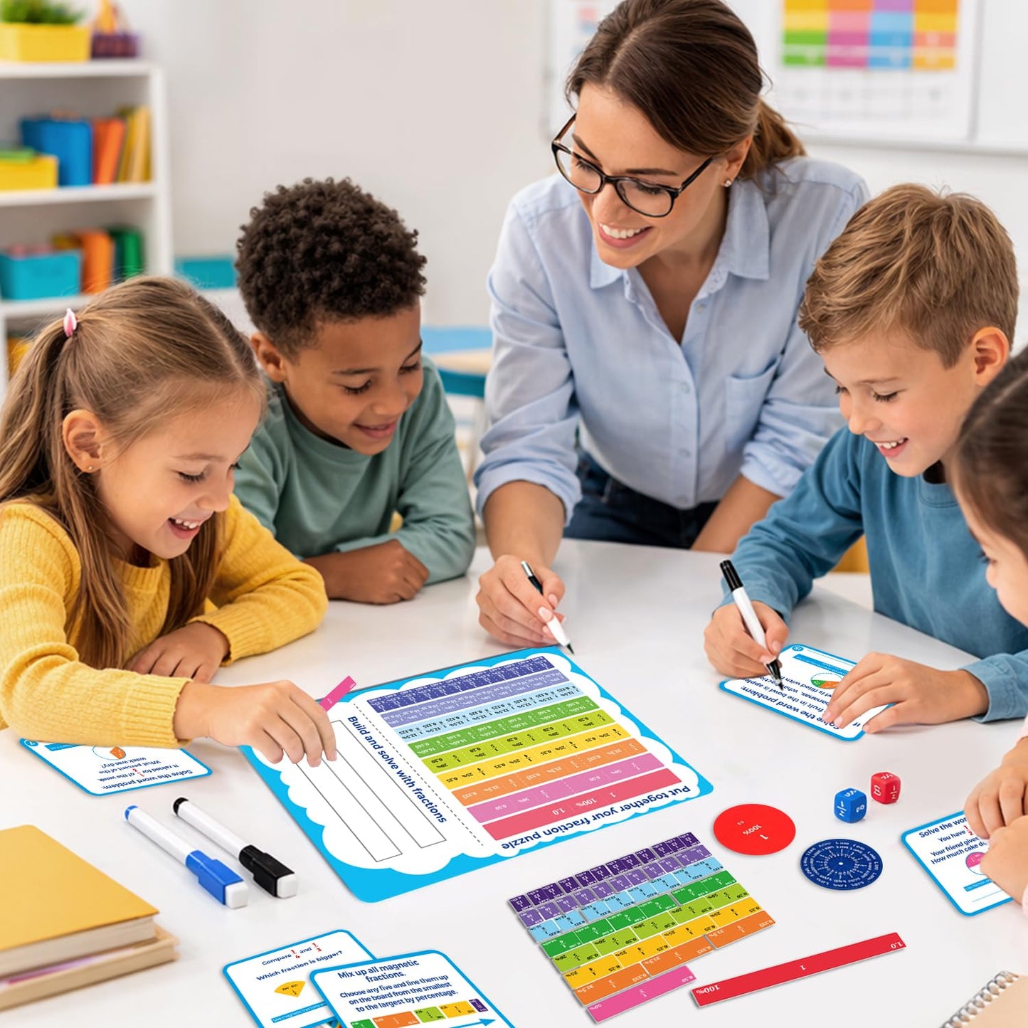 Simply magic 117 PCS Magnetic Fraction Puzzle with Tiles & Circles - Educational Fraction Magnets, Strips, Fraction Manipulatives with Decimals & Percentages for Elementary School & Homeschool