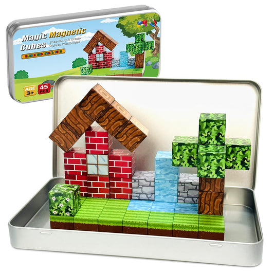 uMadeUs Magnetic Blocks Building Set - Puzzle Cubes as STEM Toys for Kids - Toddlers Sensory Construction Tiles - Ages 3+ Creative Educational Games for Boys and Girls - Adventure Forest 100pc Block