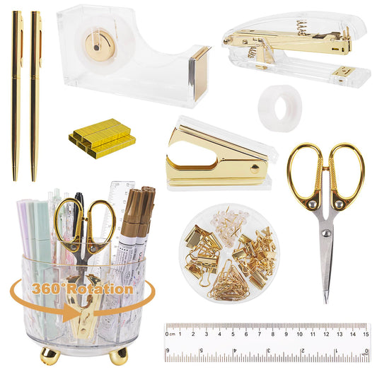 Office Desk Accessories Supplies - 11 Pcs Gold Desk Decor Set with 360-Degree Rotating Pen Holder, Women Cute Aesthetic Office Essentials Kit, Stapler Tape Dispenser, Acrylic Gift for School Home Work