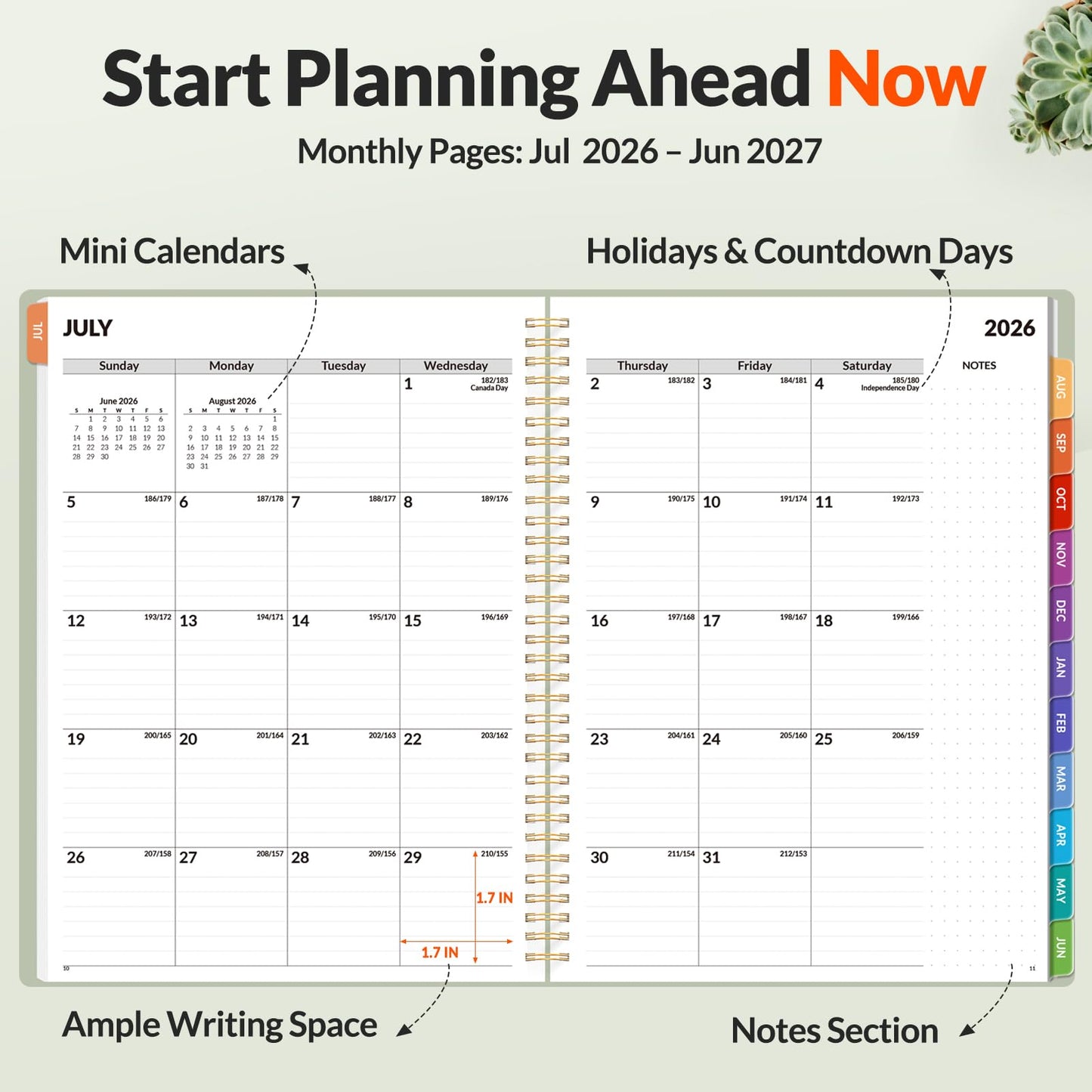 SUNEE Academic Planner 2026-2027 – Weekly & Monthly Planner, July 2026 to June 2027, 8.5"x11", Thick Paper, Tabs, Pockets, Bookmark, Spiral-Bound, Student Teacher Organizer, Sage Green