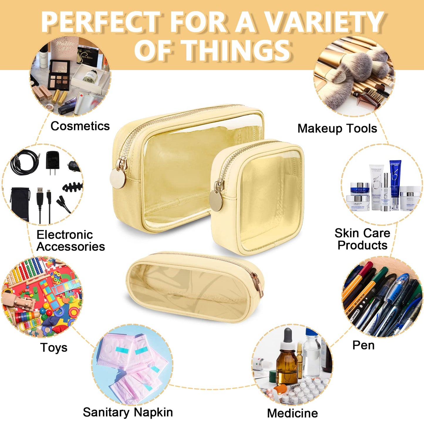 UIXIZQ Clear Small Makeup Bag with Zipper, Nylon&PVC Cosmetic Travel Bag Preppy TSA Approved Toiletry Bag for Women Girls, Transparent Waterproof Makeup Pouches Cute Travel Bag for Purse(Small-Beige)