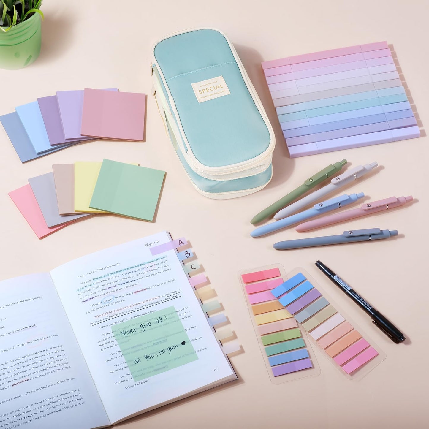 KOUDGY 49Pcs Book Annotation Kit - Aesthetic School Supplies with Cute Pen Case Highlighters Gel Pens and Marker, Sheets Transparent Index Tabs Sticky Notes Bible Study Supplies(Light Blue)