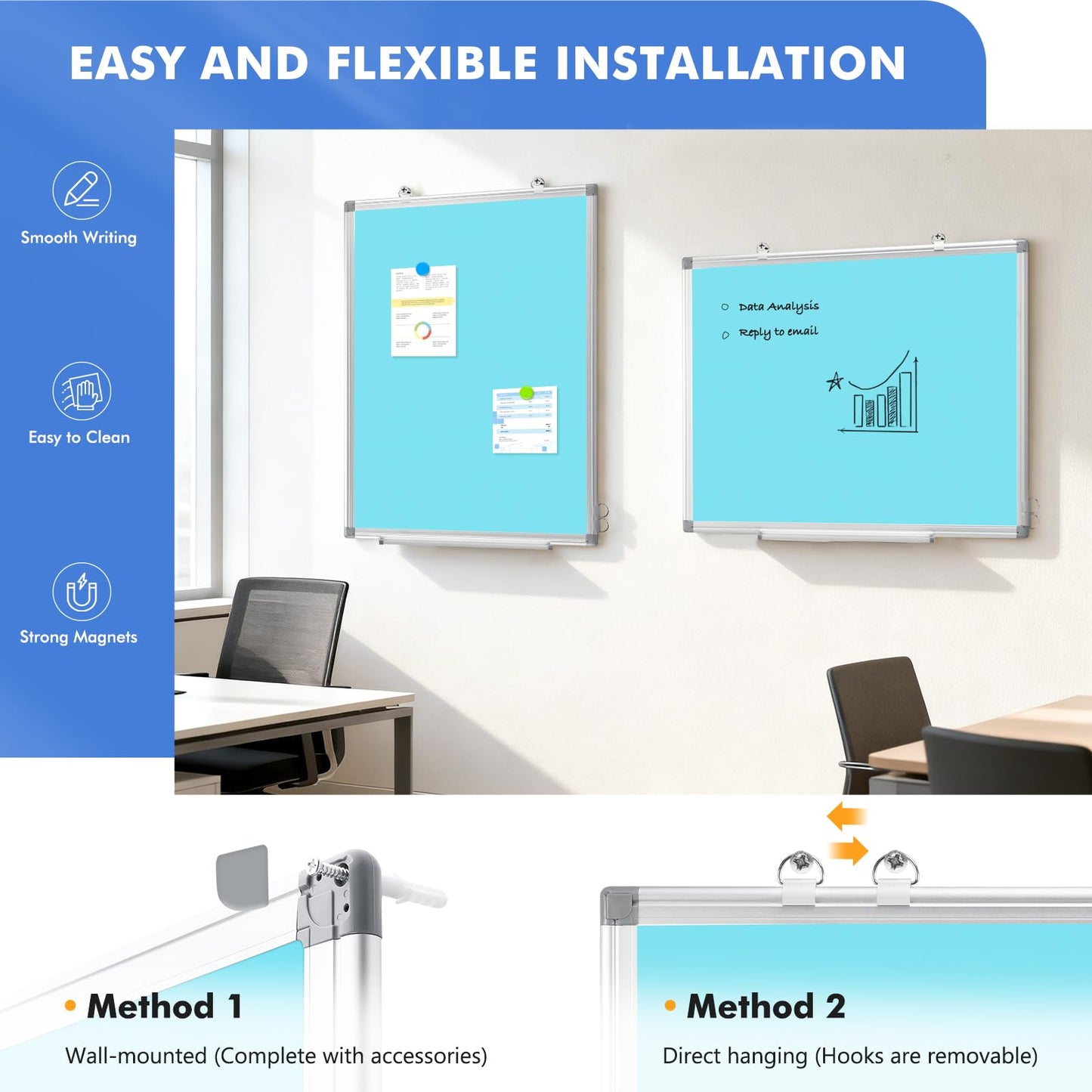 WALGLASS Magnetic Whiteboard 24"x18" Dry Erase White Board for Walls with Pen Tray, Aluminium Frame and Dry-Wipe Writing Surface for School, Home, and Office (Blue)