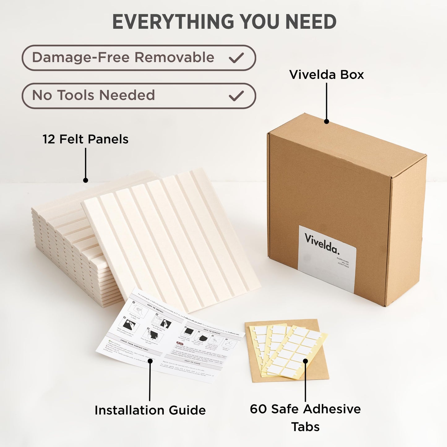 VIVELDA Felt Bulletin Board Tiles 48"x36" - 12-Pack Cork Board Alternative, OEKO-TEX Certified, NRC 0.95 Acoustic Felt Wall Panels, Damage-Free Adhesive, Slatted Design Home Office & Classroom (Linen)