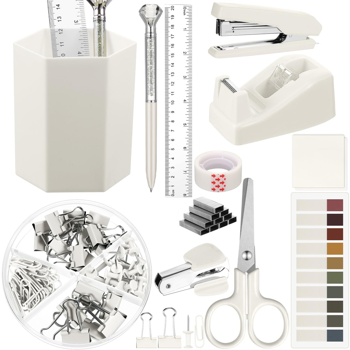 Marspark 12 Pcs Beige Office Supplies Desk Accessories Set Pen Holder Tape Dispenser Stapler Staple Remover Staples Tape Ruler Scissor Pen Sticky Note Index Tab Clips Set for School Office Home