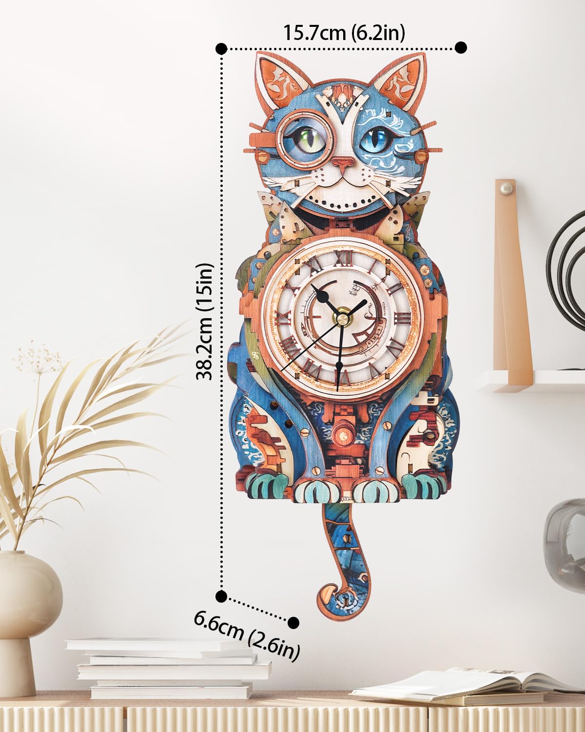 Rnfinewow 3D Wooden Puzzles for Adults, Detective Cat Clock with Pendulum Model Kit, 3D Puzzles for Adults Room Home Decor DIY Wall Clock Kit, Holiday Birthday Christmas Day Gifts for Men Women