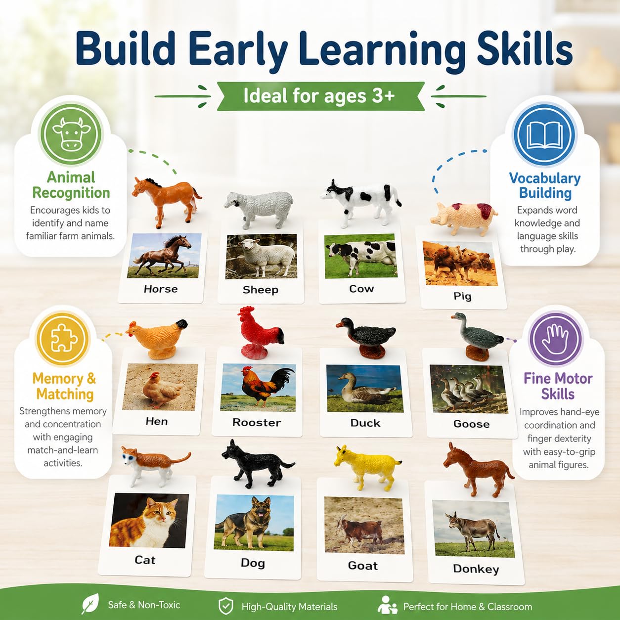 Montessori Farm Animal Matching Game, 12PCS Realistic Farm & Poultry Animal Figurines with Flash Cards, Preschool Educational Learning Toys for Toddlers Kids, Homeschool Language Sensory Toy