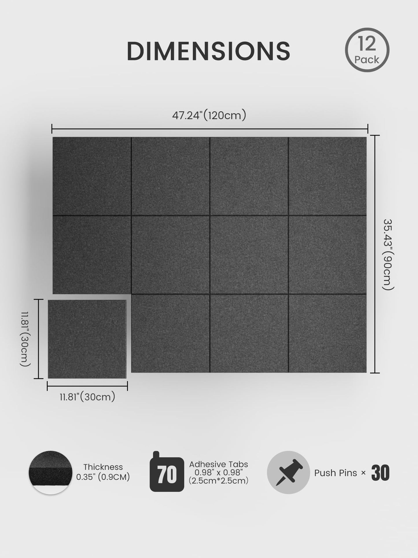 Bumusty Large Cork Board 48" x 36" Alternative - 12 Pack Felt Wall Tiles with 70 Safe Removable Adhesive Tabs, 30 Pushpins, Cork Boards for Walls Pin Board Bulletin Board Office Decor (Charcoal Gray)