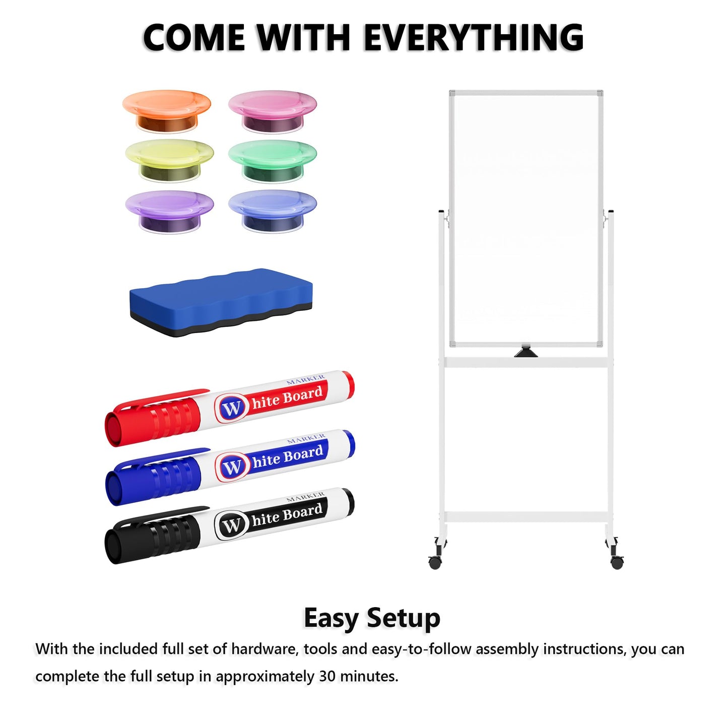 Large Rolling Whiteboard on Wheels, 40" x 24" Double-Sided Mobile White Board with Stand, Portable Standing Magnetic Dry Erase Board Easel for Home Office Classroom School, Silver