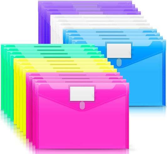 Sooez 24 Pack File Folders, Clear Poly Envelopes Plastic Folders, Folder for Documents Letter A4 Size with Label Pocket, Teacher School Office Supplies Organization Storage, Assorted Color