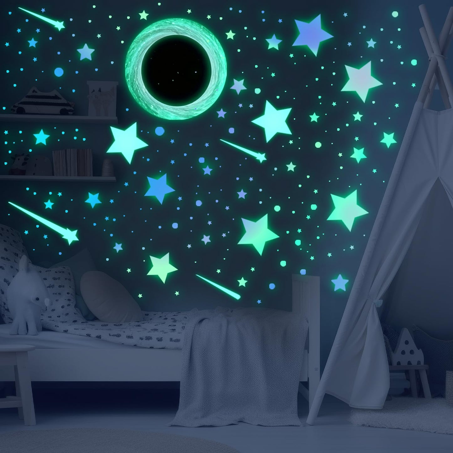 Glow in The Dark Black Hole Wall Stickers Iridescent Star with Meteor Galaxy Decals Peel and Stick Funny Art Decor for Kids Room, Bedroom (Galaxy)