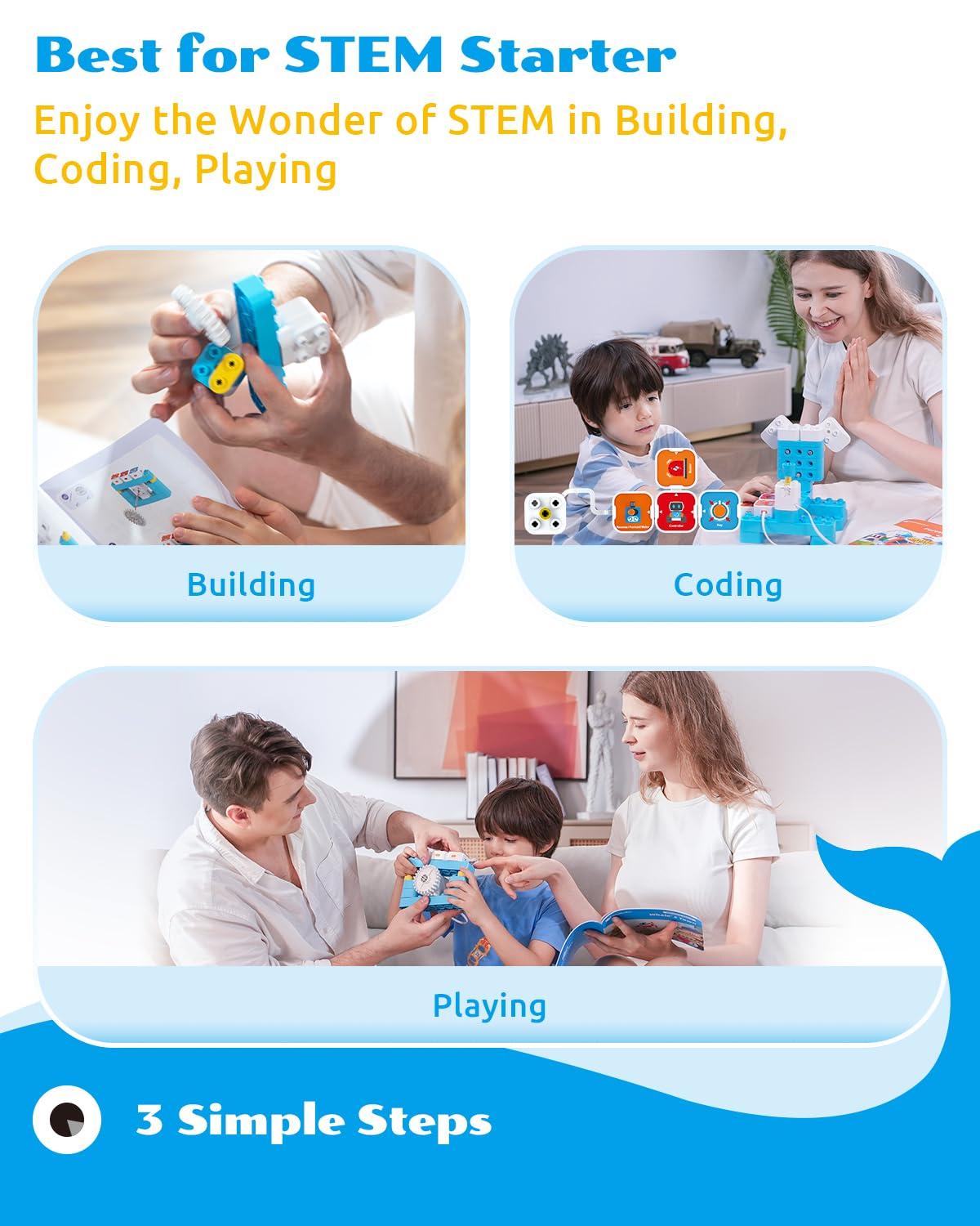WhalesBot A1 Coding Toy for Kids, Building Block Robot, Fun STEM Toy with Magnetic Controller and Sensor Blocks, Screen-Free Coding with 3 Guide Books for Kids 3-6