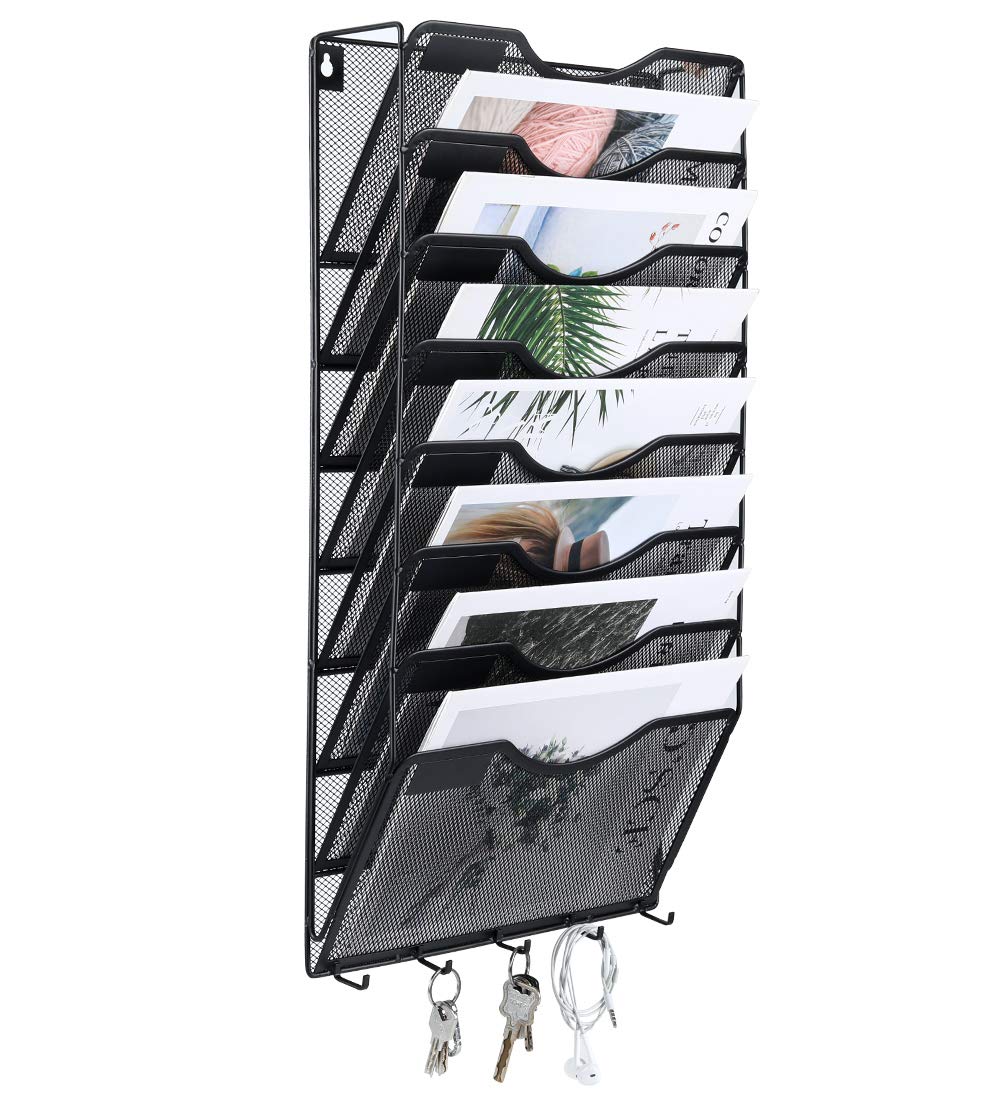 EasyPAG 8 Pocket Mesh Wall File Organizer with Key Hooks, Hanging Paper Folder Holder with Classify Label, Vertical Wall Mount Mail Organizer for Office Home Classroom, Black