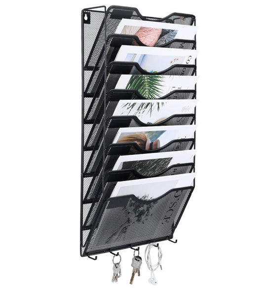 EasyPAG 8 Pocket Mesh Wall File Organizer with Key Hooks, Hanging Paper Folder Holder with Classify Label, Vertical Wall Mount Mail Organizer for Office Home Classroom, Black