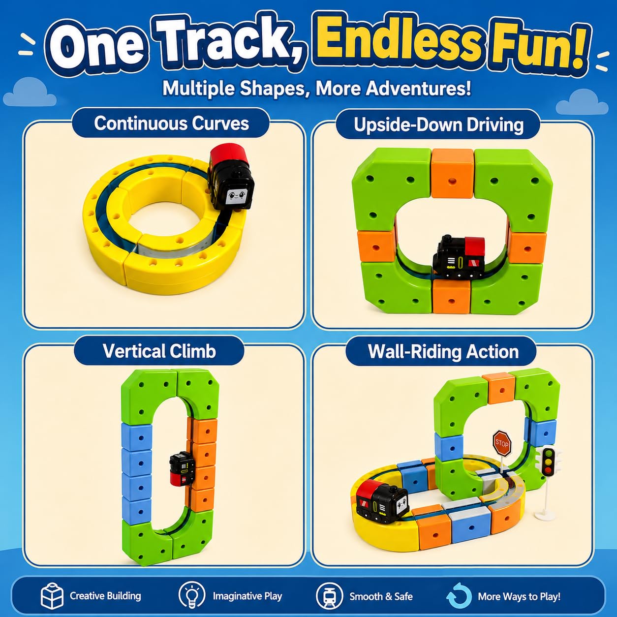 Upgrade Magnetic Train Set for Kids with 2 Rechargeable Trains, 105PCS Gravity-Defying Race Track, Safer Magnetic STEM Building Toy with Vertical Climb & Upside-Down Tracks for Boys Girls Ages 3-12