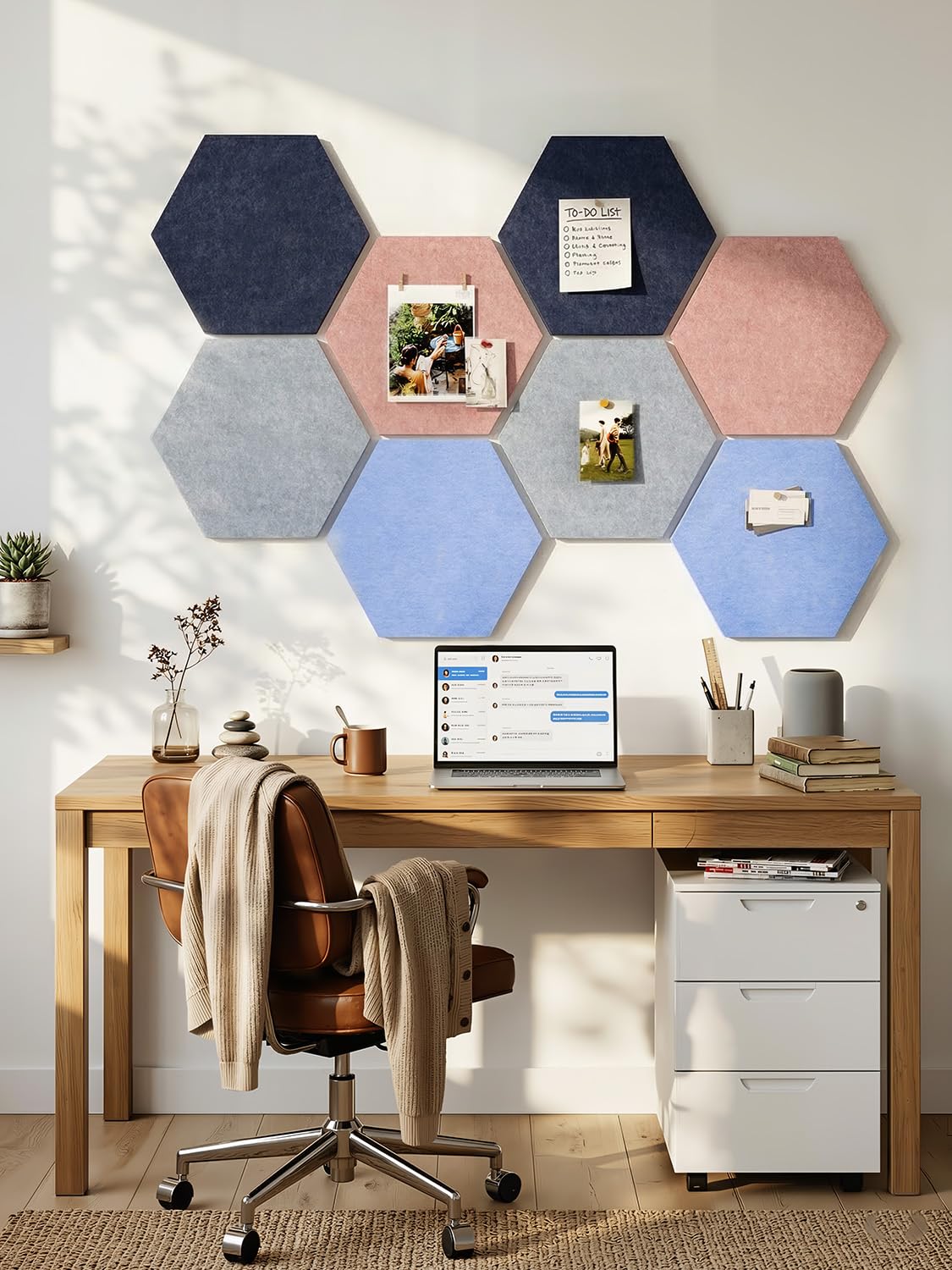 Uoisaiko 8 Pack Hexagon Felt Bulletin Board Tiles - 12" Large Thick Pin Board for Walls with 30 Push Pins, DIY Boards for Office Home School Decor, Aesthetic Hex Cork Board Alternative