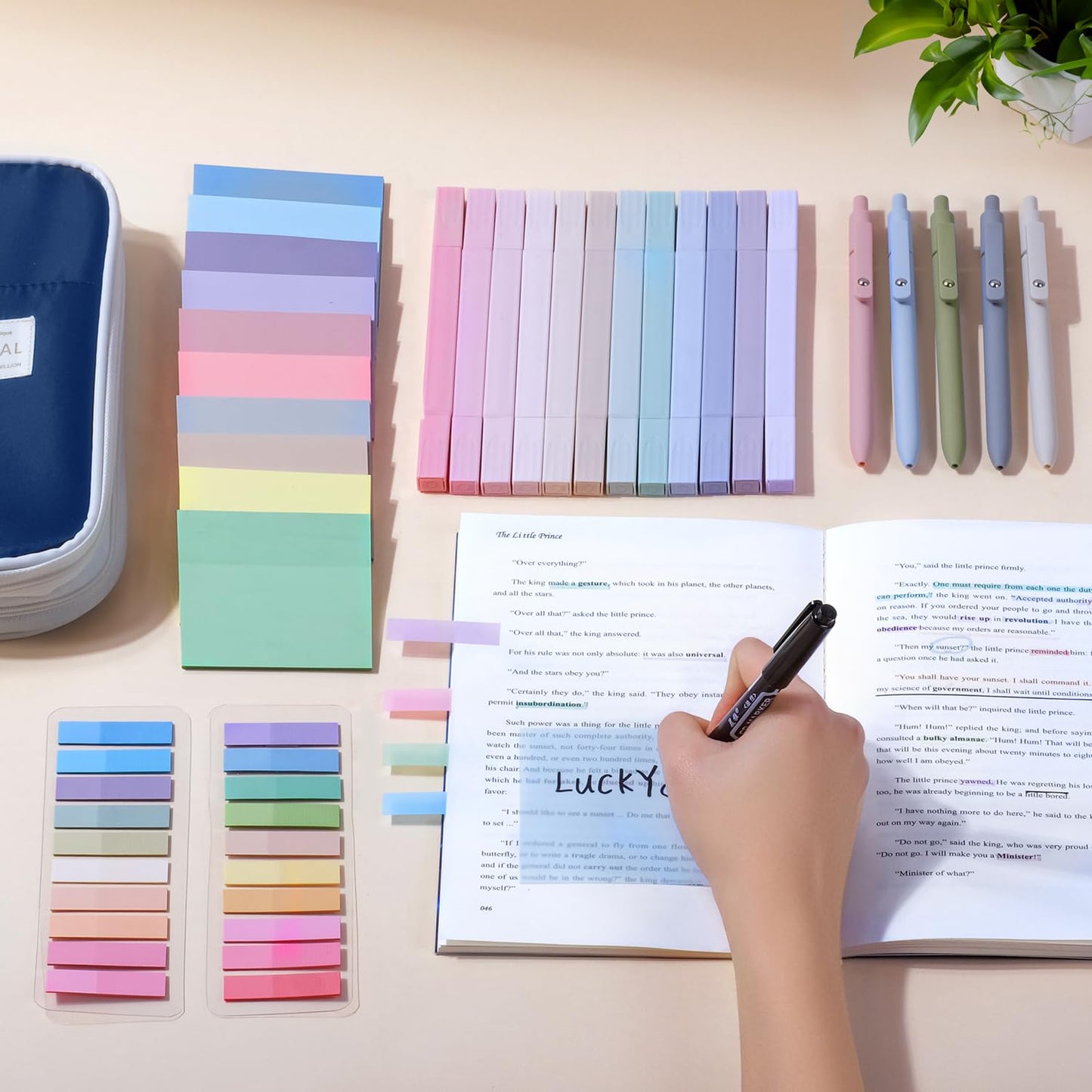 KOUDGY 49Pcs Book Annotation Kit - Aesthetic School Supplies with Cute Pen Case Highlighters Gel Pens and Marker, Sheets Transparent Index Tabs Sticky Notes Bible Study Supplies(Dark Blue)
