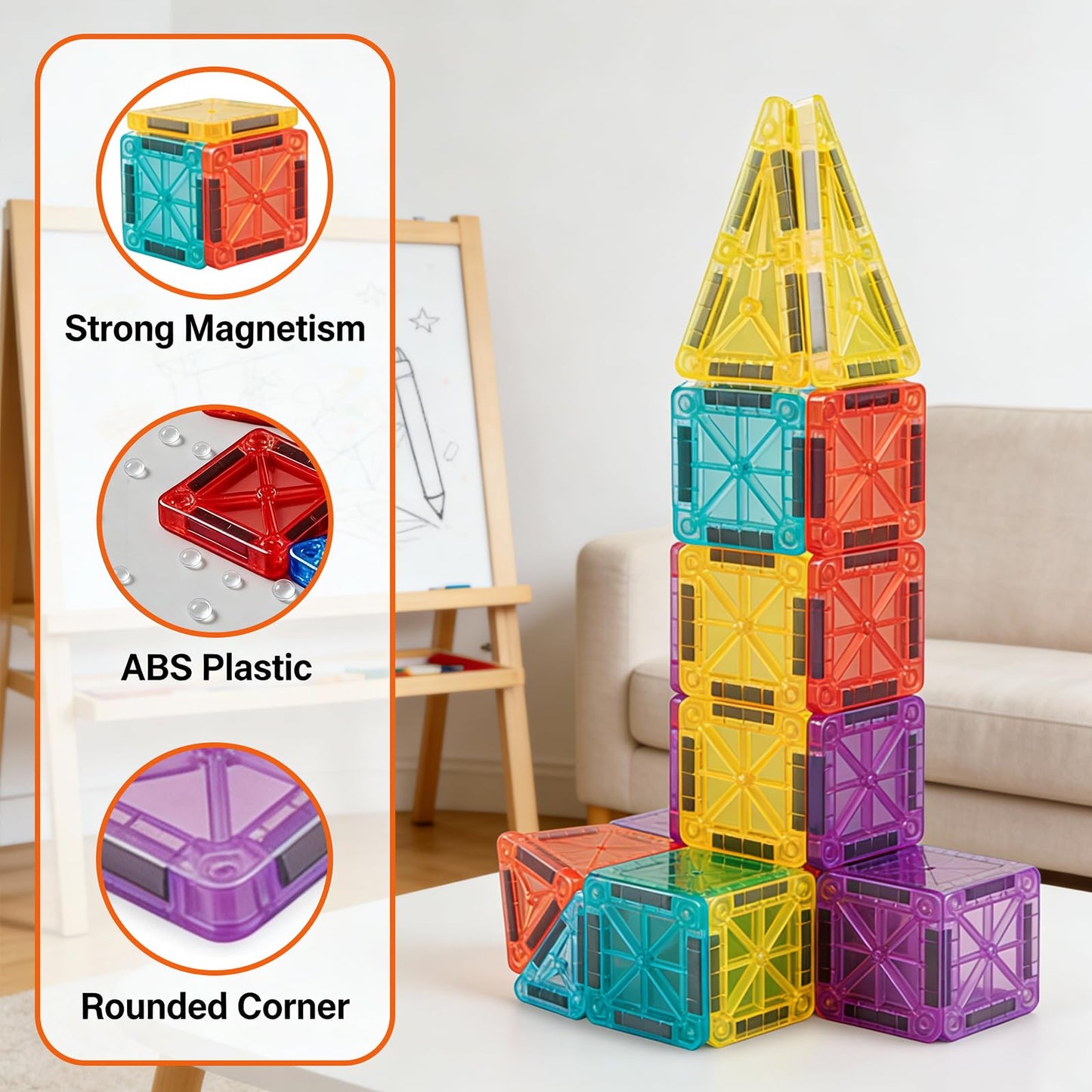 orientfire 34 PCS Mini Magnetic Tiles with Metal Storage Box,Magnetic Building Tiles,STEM Approved Educational Travel Magnetic Tiles for Kids Ages 3-8 Christmas Birthday Gifts
