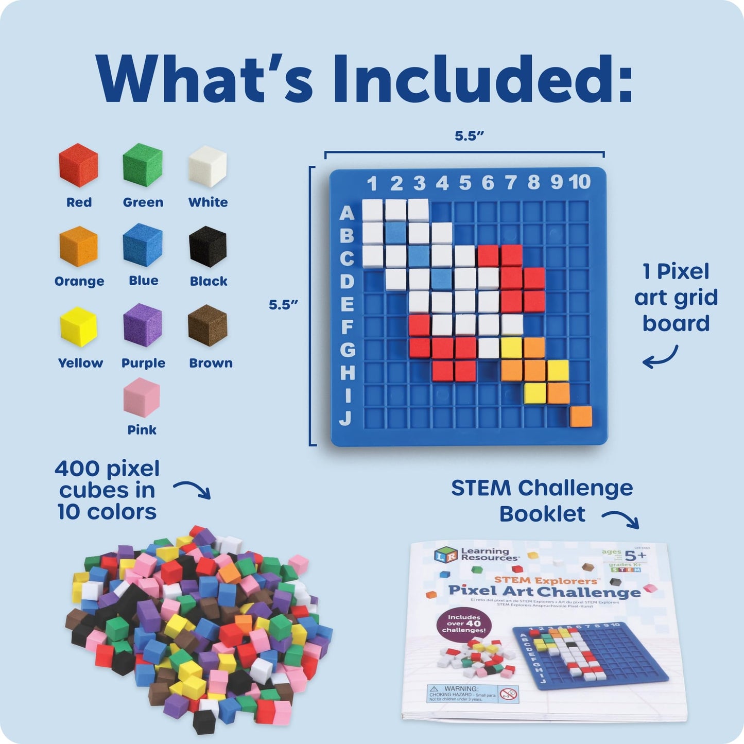 Learning Resources STEM Explorers Pixel Art Challenge - Science Kits & STEM Activities for Kids, Pattern Blocks, Fine Motor Skills, Math Manipulatives, Sorting and Counting, Gifts for Boys and Girls