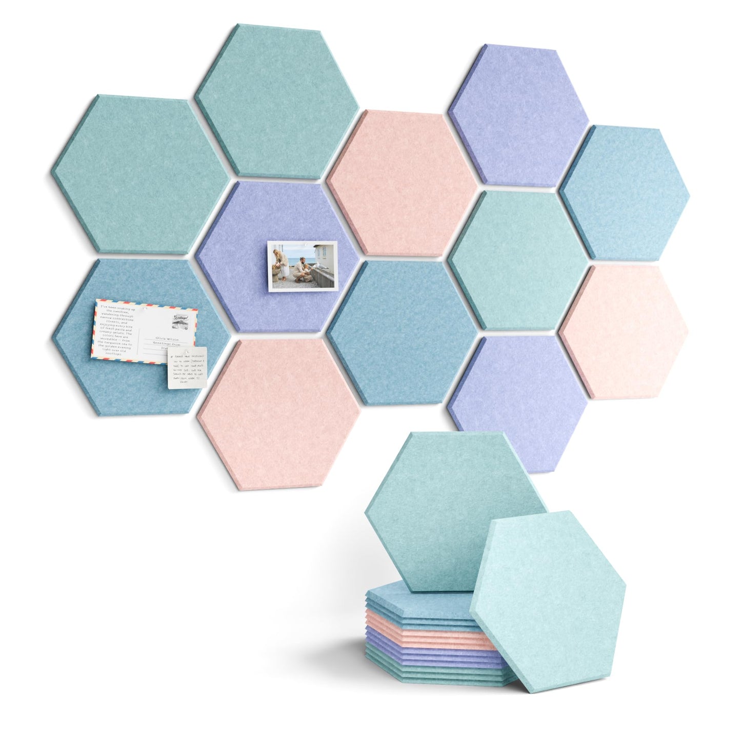 Fluxynara Hexagon Cork Board Alternative for Walls Decor-12-Pack Felt Bulletin Board Tiles,with 30 Pushpins,70 Adhesive Tabs for Office,Classrooms & Home Pin Board Felt Board-Coastal Haze