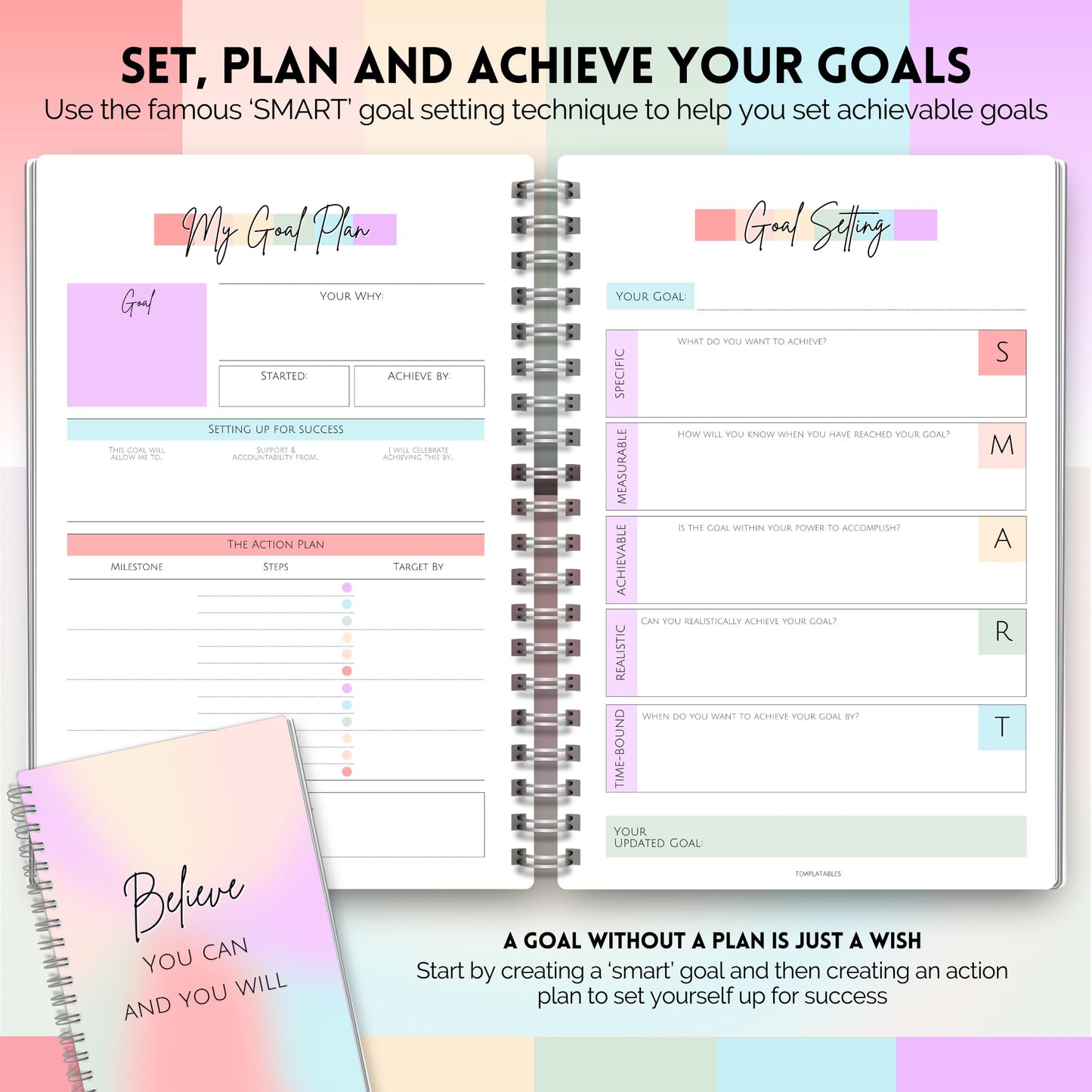 Goal Planner | SMART Goal Setting Kit for the New You, Monthly Habits, Reflections & Vision Boards | Pastel Rainbow A5