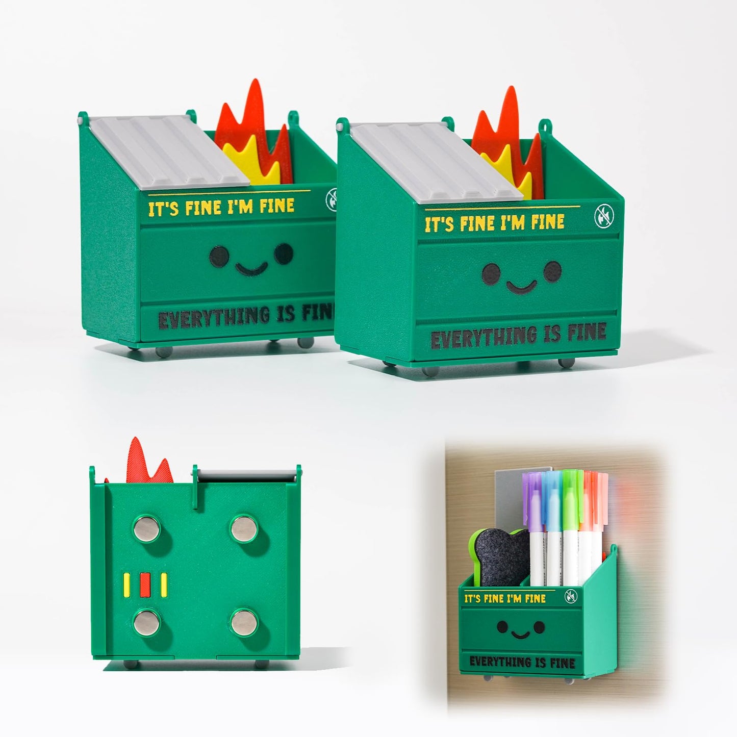Tian Zhun Dumpster Fire Pencil Holder Funny Magnetic Pen Holder Set of 2，Strong Magnets to Store Marker Pencil Organizer for Refrigerator Whiteboard Locker Home Office or Hospital
