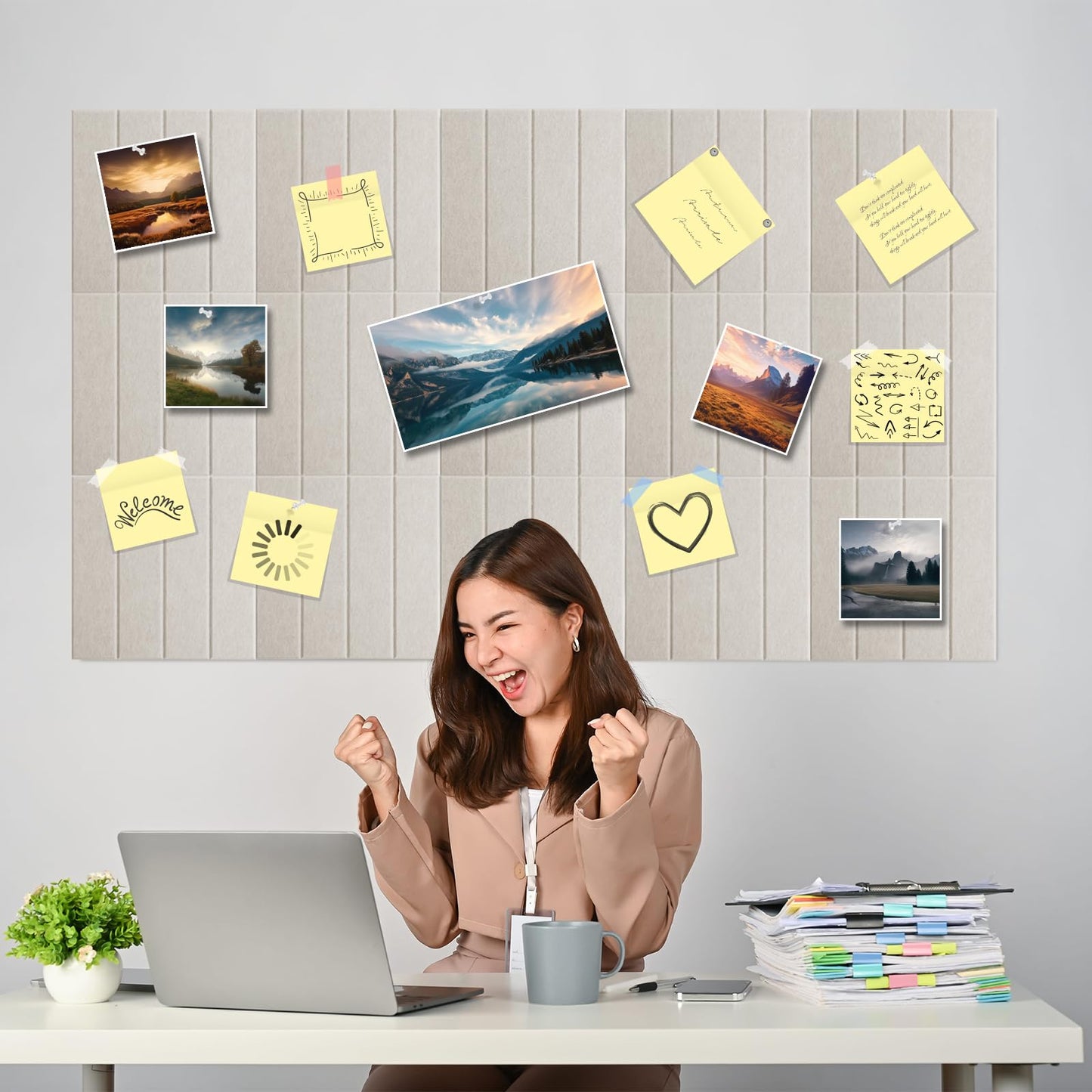 Large Felt Bulletin Board 59" x 35.5" 15 Pack Self-Adhesive Modular Felt Tiles, Cork Board Alternative for Wall, Acoustic Soundproof Panels for Home Office Classroom Decor with 50 Push Pins (Camel)