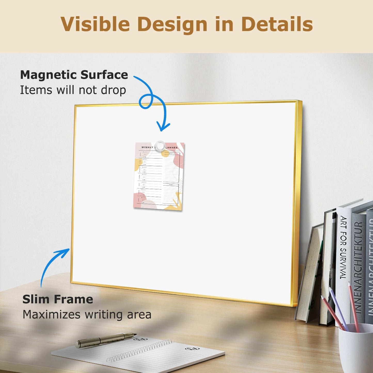 QUEENLINK Magnetic Whiteboard, 24"x18" Gold Aluminum Frame Dry Erase White Board for Wall, Hanging Wipe Board with 6 Magnets, 4 Markers & 1 Eraser for Home, Office, School