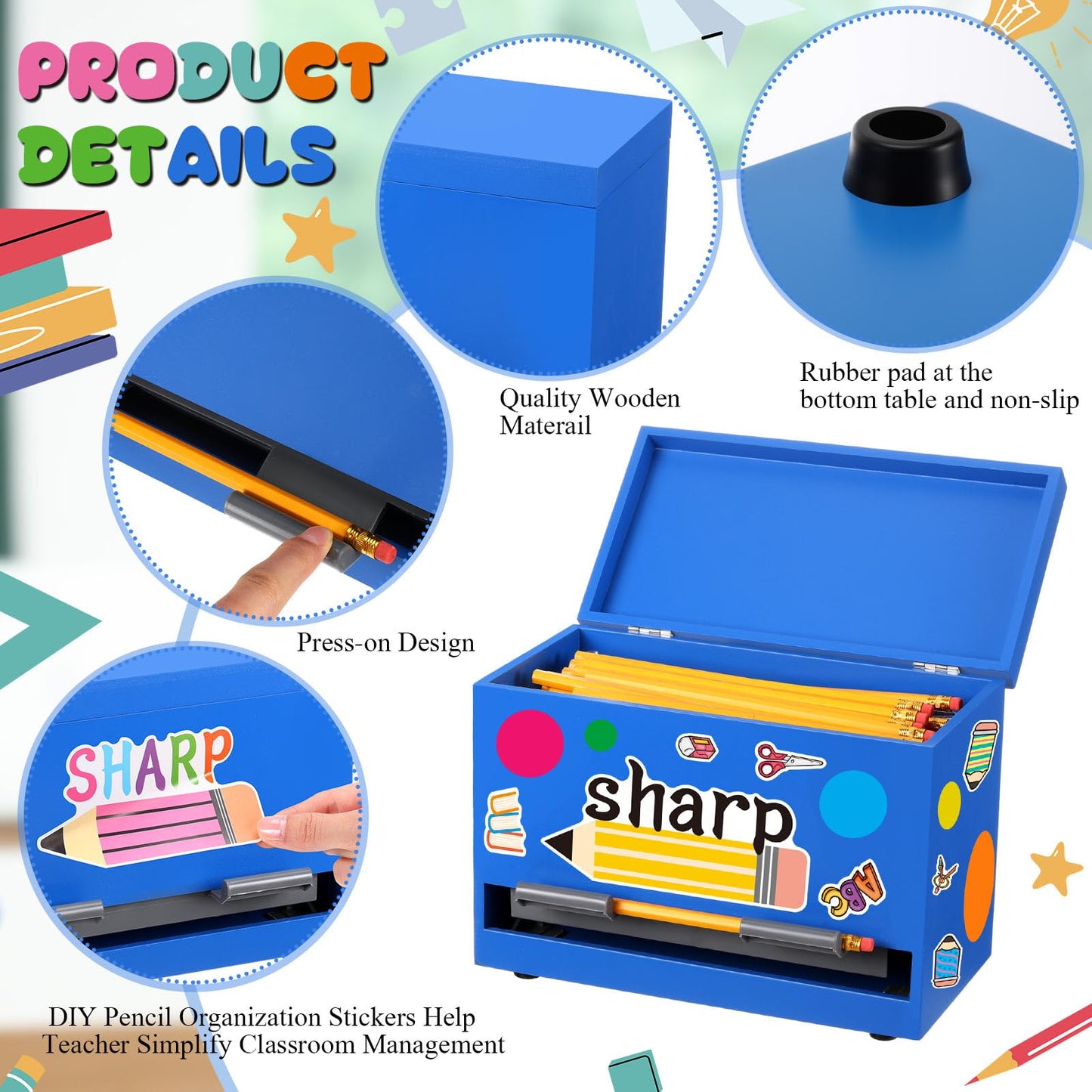 Watersay 108 Pcs Pencil Dispenser Kit for Classroom Wooden Sharp and Dull Pencil Holder 50 Pencils 50 Sharpener 6 Sticker Classroom Teacher Must Have Straw Dispenser for Back to School(Royal Blue)