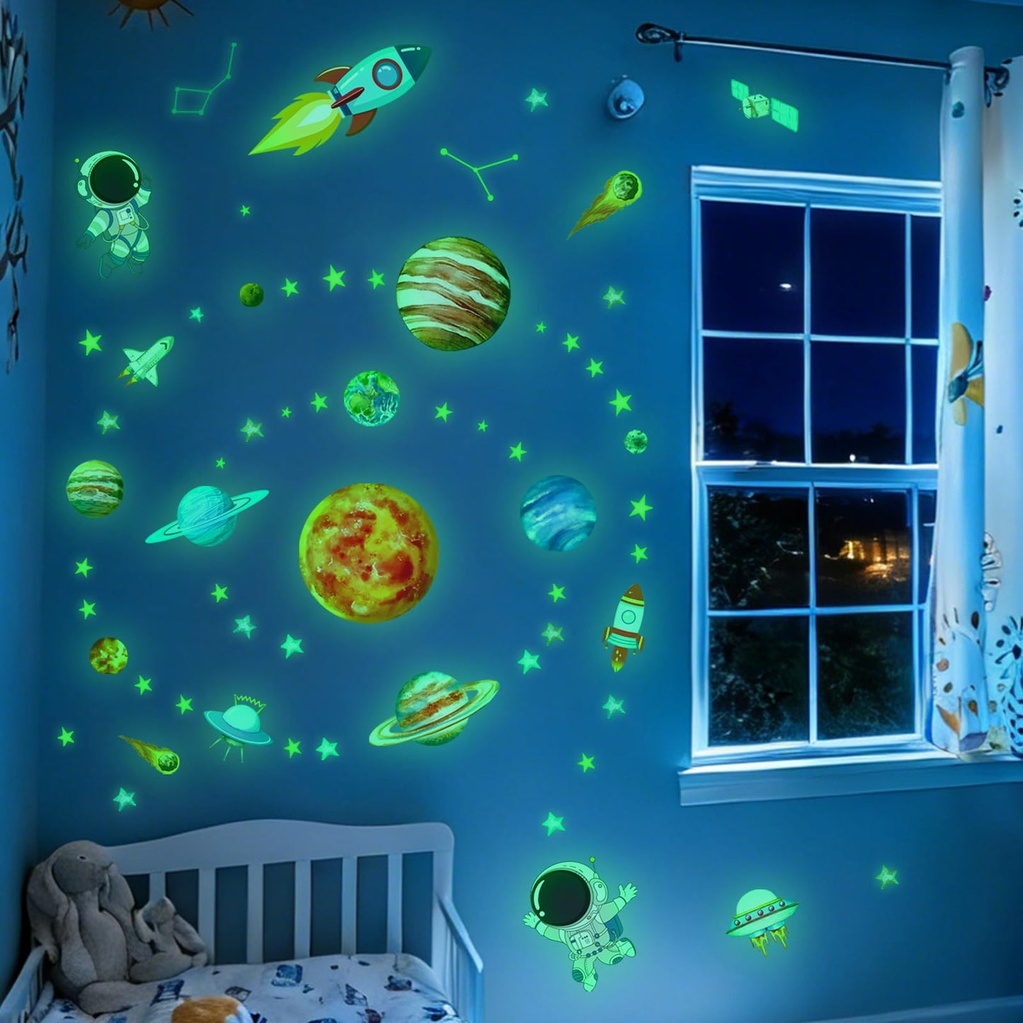 Glow in the Dark Space Astronaut Wall Stickers Luminous Planets with Stars Decals Self-Adhesive Peel and Stick for Kids Room Nursery