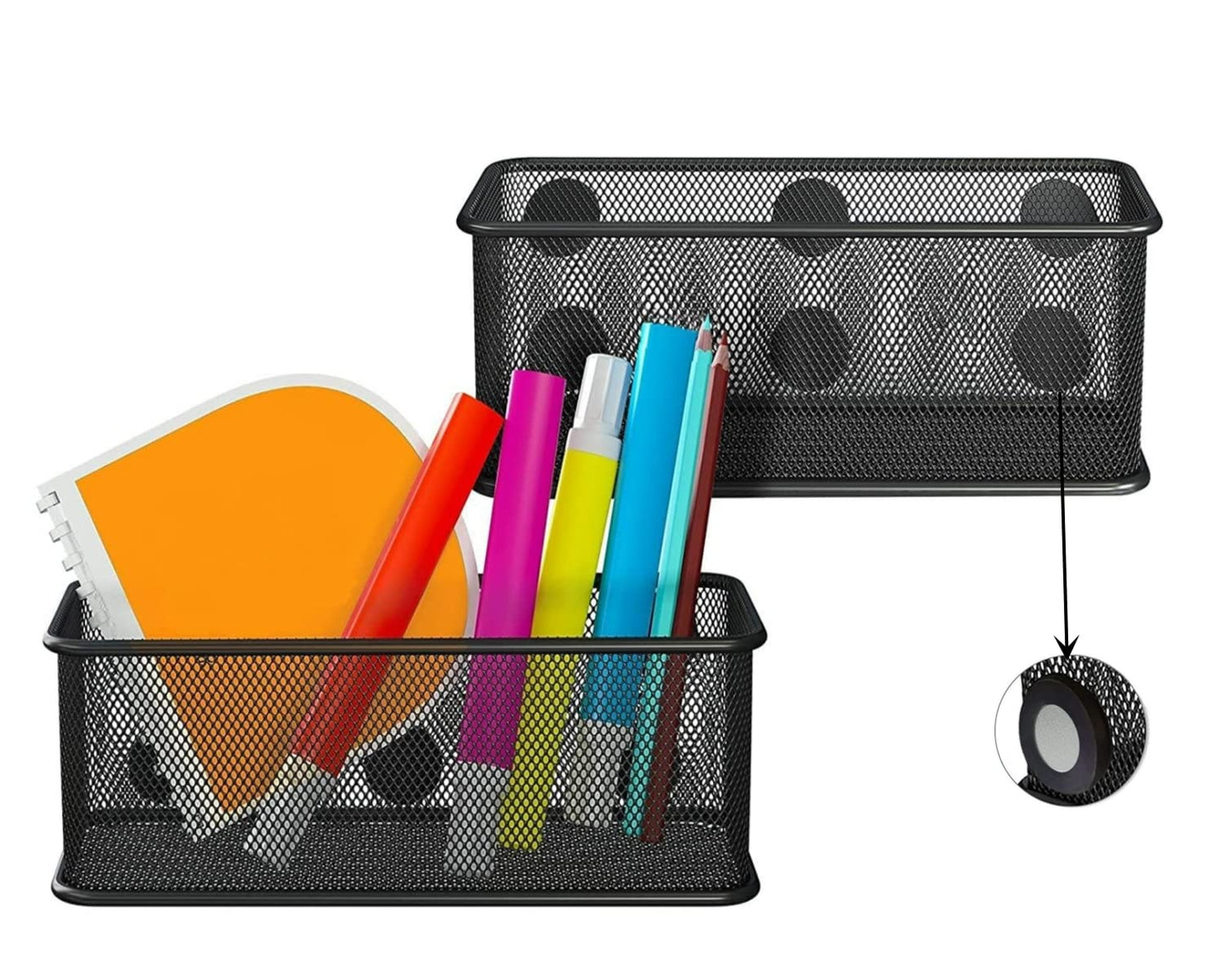 TAPBULL Mesh Magnetic Storage Baskets - Set of 2 (Black) with Anti-Slip Feature and Strong Magnets - Magnetic Locker Organizer and Pencil Holder for Whiteboard and Refrigerator (Black-2 pcs)