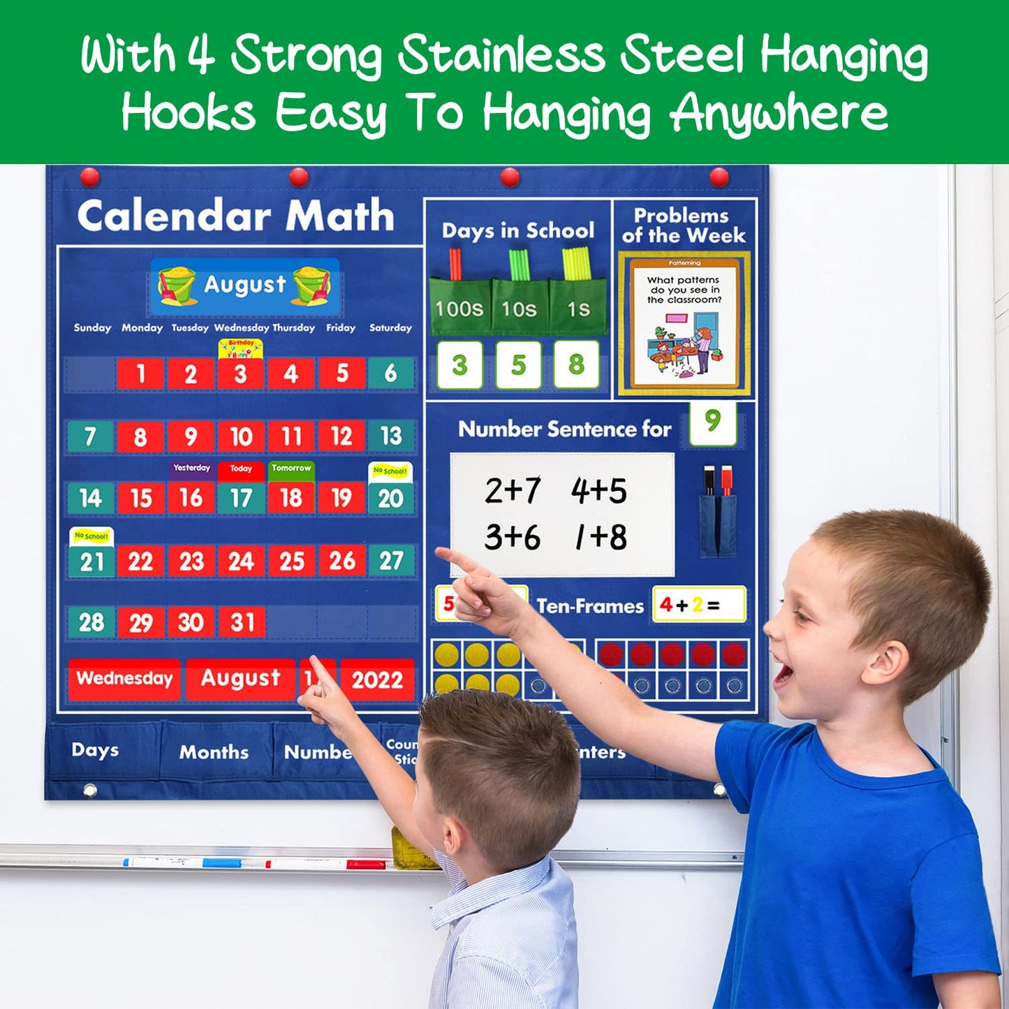 Boczif Daily Math Calendar Classroom Pocket Chart, Math Activities Educational Pocket Chart Teaching Calendar All About Number Activities for Counting, Problem –Solving, Elementary and Pre-school