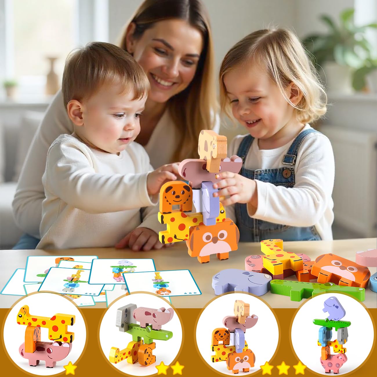 Montessori Toys for 2 3 4 Year Old Girls & Boys, Wooden Animal Stacking Blocks for Toddlers 1-3, Building Blocks Game Stacking Toys Ages 2-4 Toddler Birthday Gifts