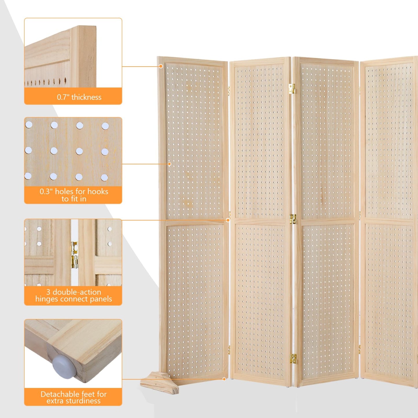 Bonnlo 4/6 Panel Pegboard Freestanding, 5 FT Portable Display Board Organizer for Craft Show Jewelry, Wooden Folding Privacy Screen Room Divider (Natural, 6 Panel with Base)