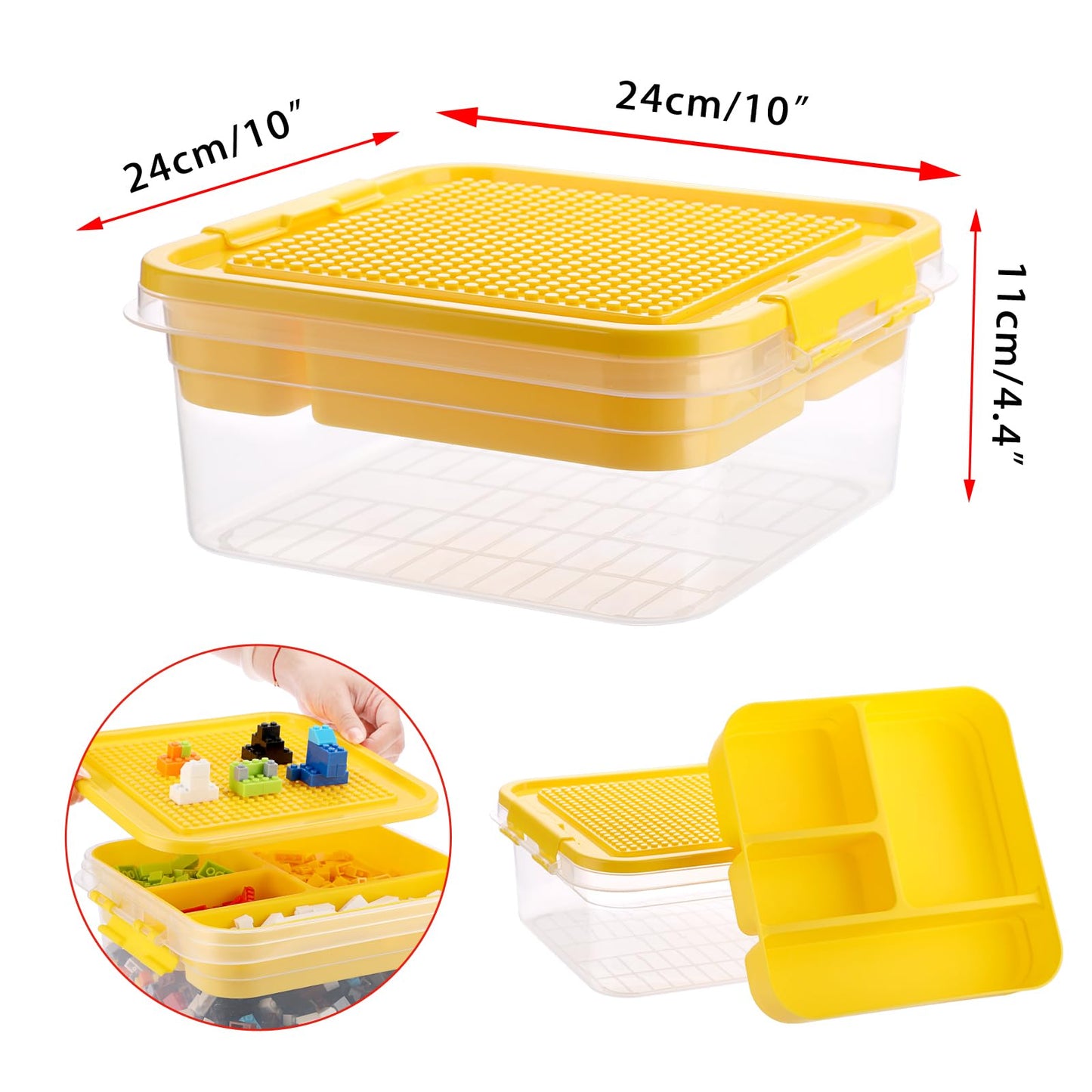 OGANAZI Plastic Storage Container with Bricks Baseplate Lid for Building Blocks, Bricks Building Set Organization Bin with Compartments Tray, Stackable Storage Box Building Block Chest Case (Yellow)