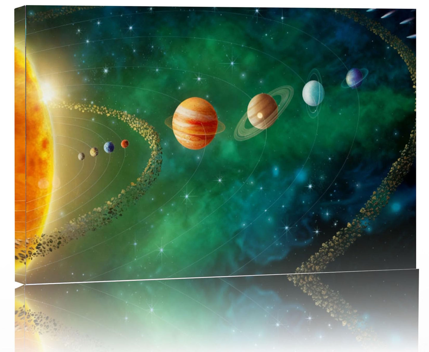 16x24 inches Framed Solar System Space Canvas Wall Art Green Galaxy Planets Astronomical Decor Kids Bedroom Cosmic Wall Pictures Teen Boy Room Universe Poster Child Office Study Room Prints