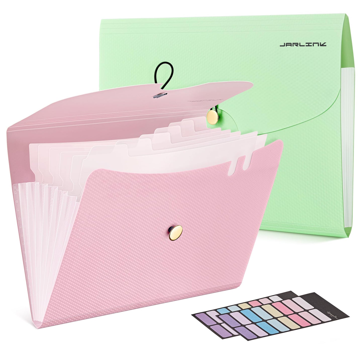 JARLINK 7 Pockets Expanding File Folder, A4 Accordion File Folders with 12 Labels, Cute Paper Organizer, Portable Document Organizer for College School Office Supplies, Macaron Pink & Macaron Green