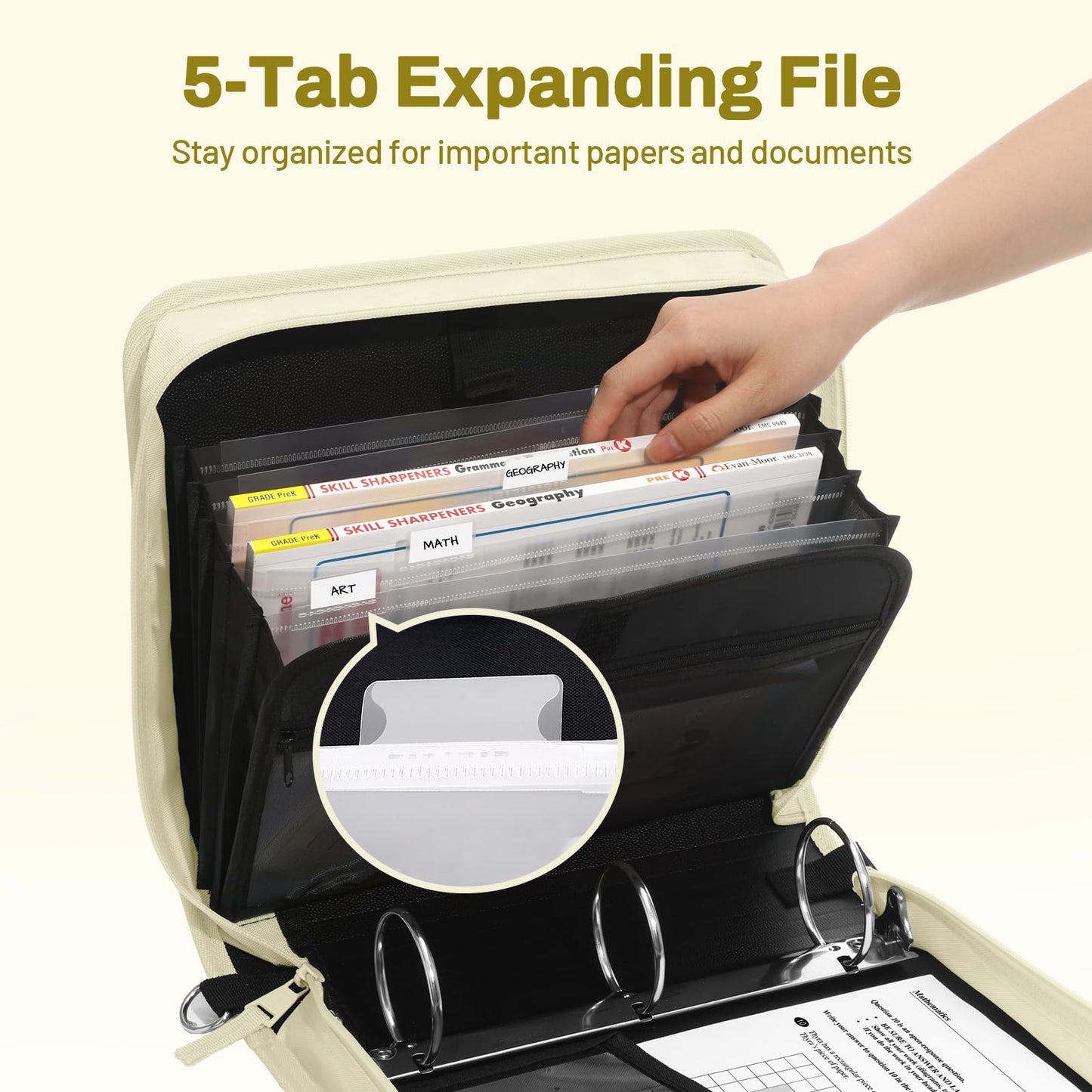 SUNEE Zipper Binder 3 Ring, 3 Inch O-Ring with Handle and Shoulder Strap, 600-Sheet Capacity, 5-Tab Expanding File Folder, Multi-Pockets for Middle School Organizer Binder with Zipper, Soft Beige