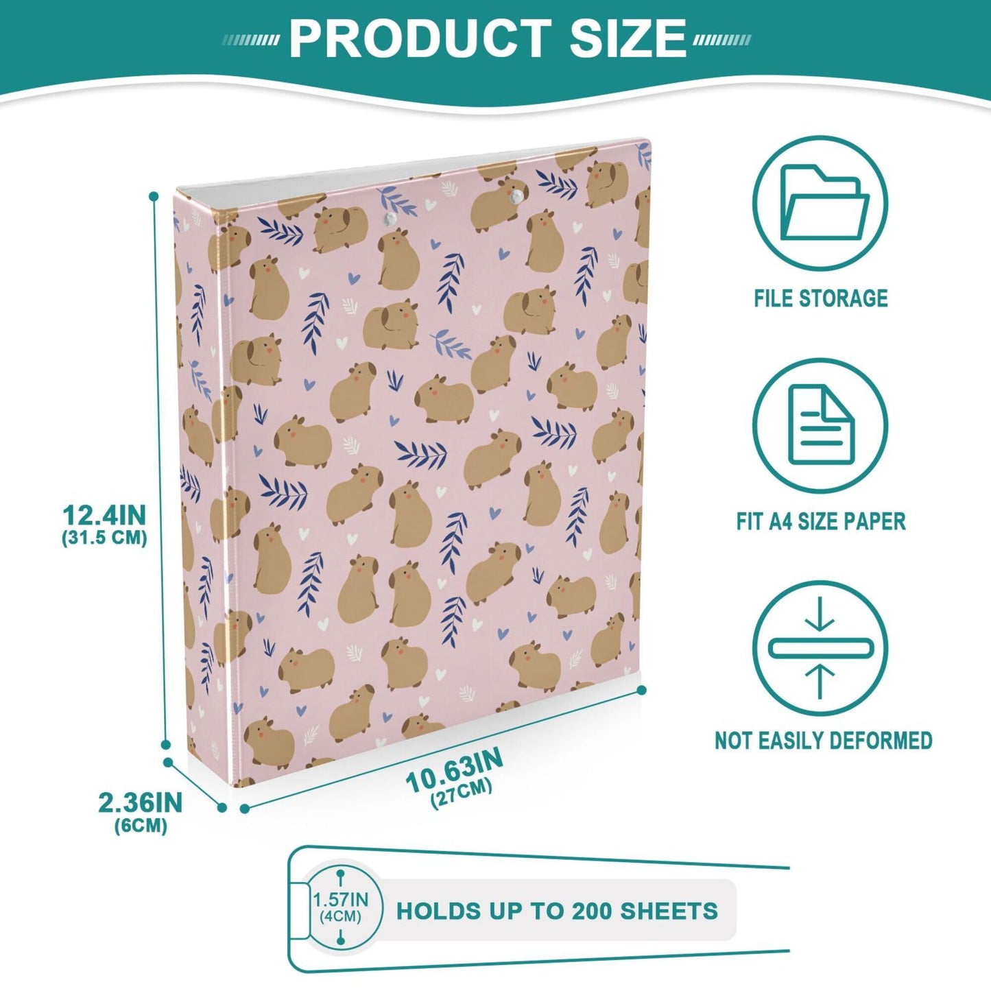 Cute Capybara Round Ring Binders 1.5 Inch Flowers Strawberry Doodle Pattern 3 Ring Clipboard Binder for Office School Work Supplies File Folder 200 Sheet Capacity