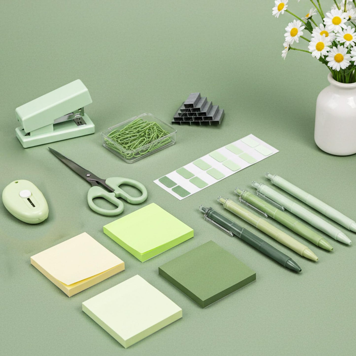 Humyoun Mini Green Office Supplies Kit Green School Supplies Christmas Gift Desk Accessories with Gel Pens Sticky Notes Stapler Scissor Paper Clips Index Tabs Box Cutter for Christmas Gifts Office