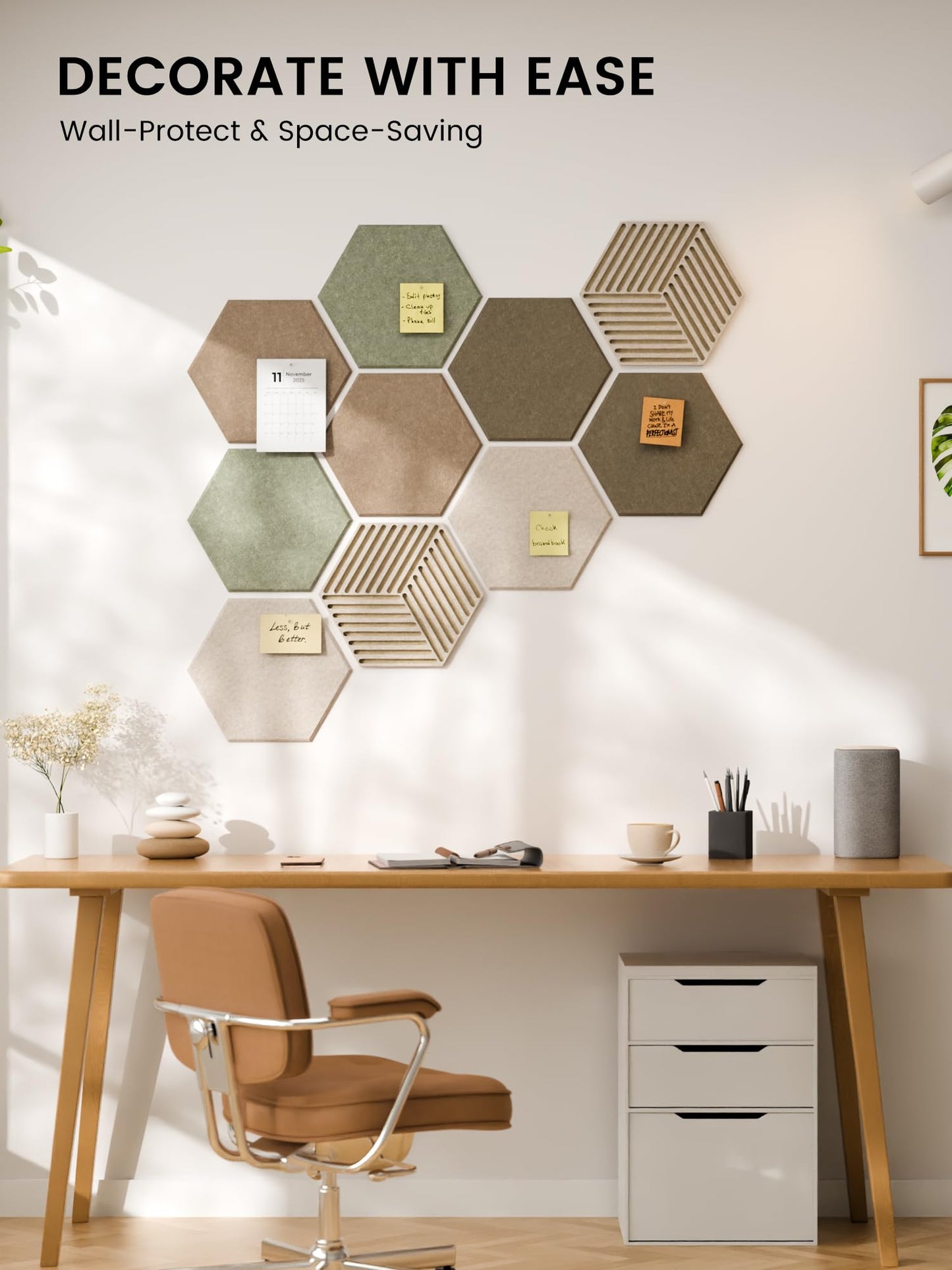 Fluxynara Hexagon Cork Board Alternative for Walls Decor-10-Pack Felt Bulletin Board Tiles,with 30 Pushpins,50 Adhesive Tabs for Office,Classrooms & Home Pin Board Felt Board-Linen Dusk