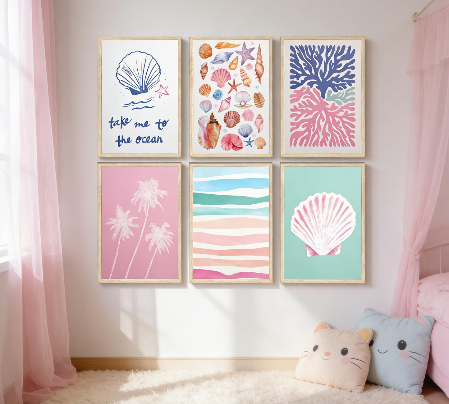 Pink and Blue Coastal Wall Art, 6 Pcs Preppy Beach Wall Decor, Unframed Canvas Posters for Bathroom Bedroom, Seashell Coral Palm Tree Ocean Prints, Neutral Boho Beach House Decor 12x16in Unframed