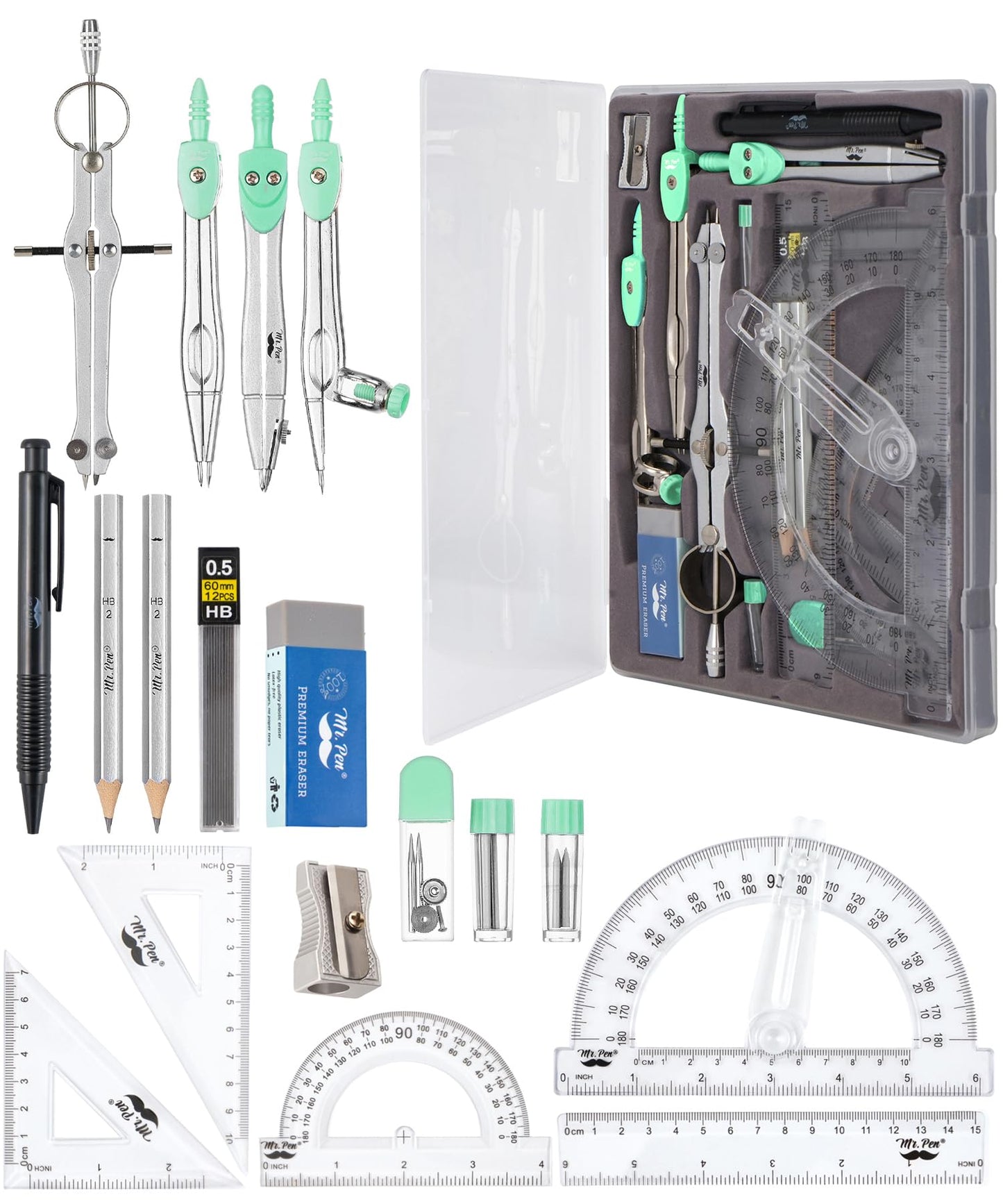 Mr. Pen- Geometry Set, 15 pcs, Green, 6 Inch Swing Arm Protractor, Divider, Set Squares, Ruler, Compasses and Protractor