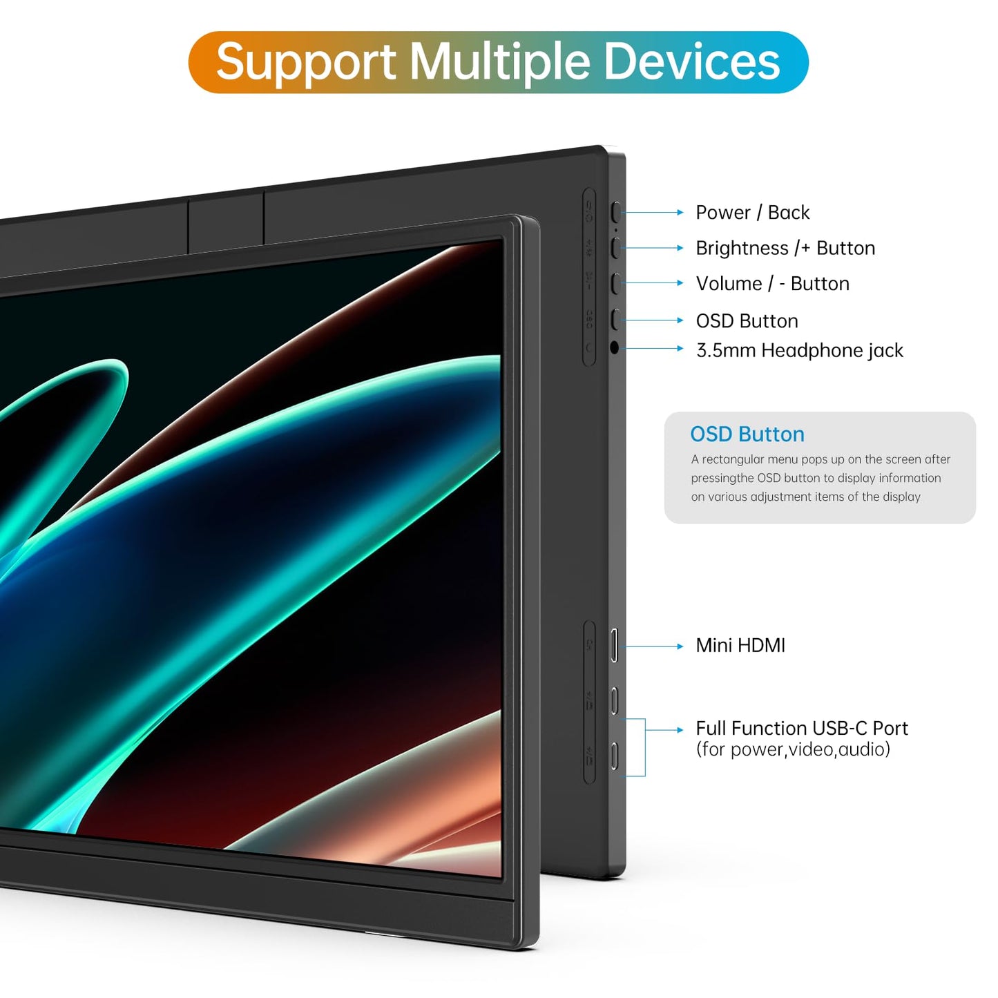 MNN Portable Monitor 14 inch FHD 1920 * 1200P USB C HDMI Ultra-Slim IPS Travel Display w/Speakers, HDR Plug&Play, External Monitor for Laptop PC, Phone,Mac(400cd/m² Brightness)