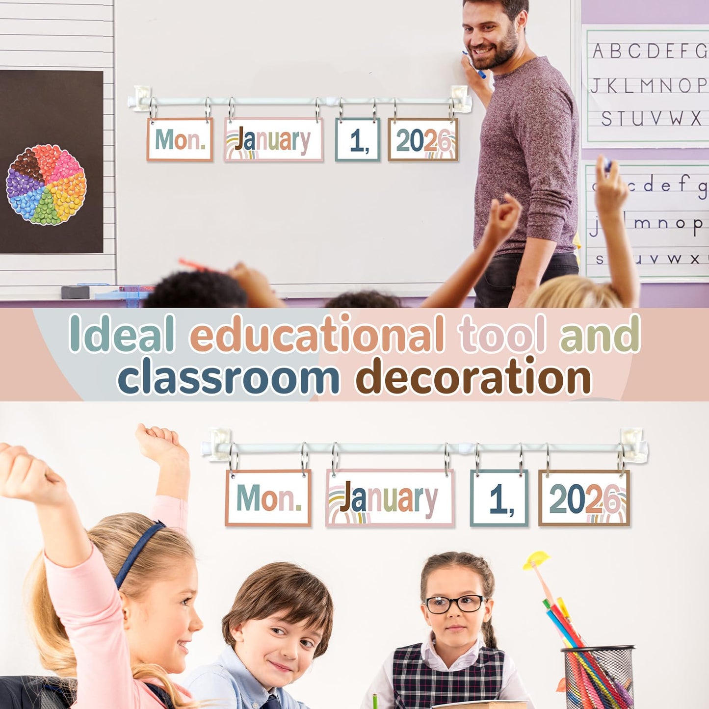 Boho Flip Calendar Bulletin Board Set Boho Rainbow Calendar for Classroom Whiteboard Decor with 2026 to 2030 Years Date Cards and Adjustable Rod for Home Elementary Back to School Teacher Supplies