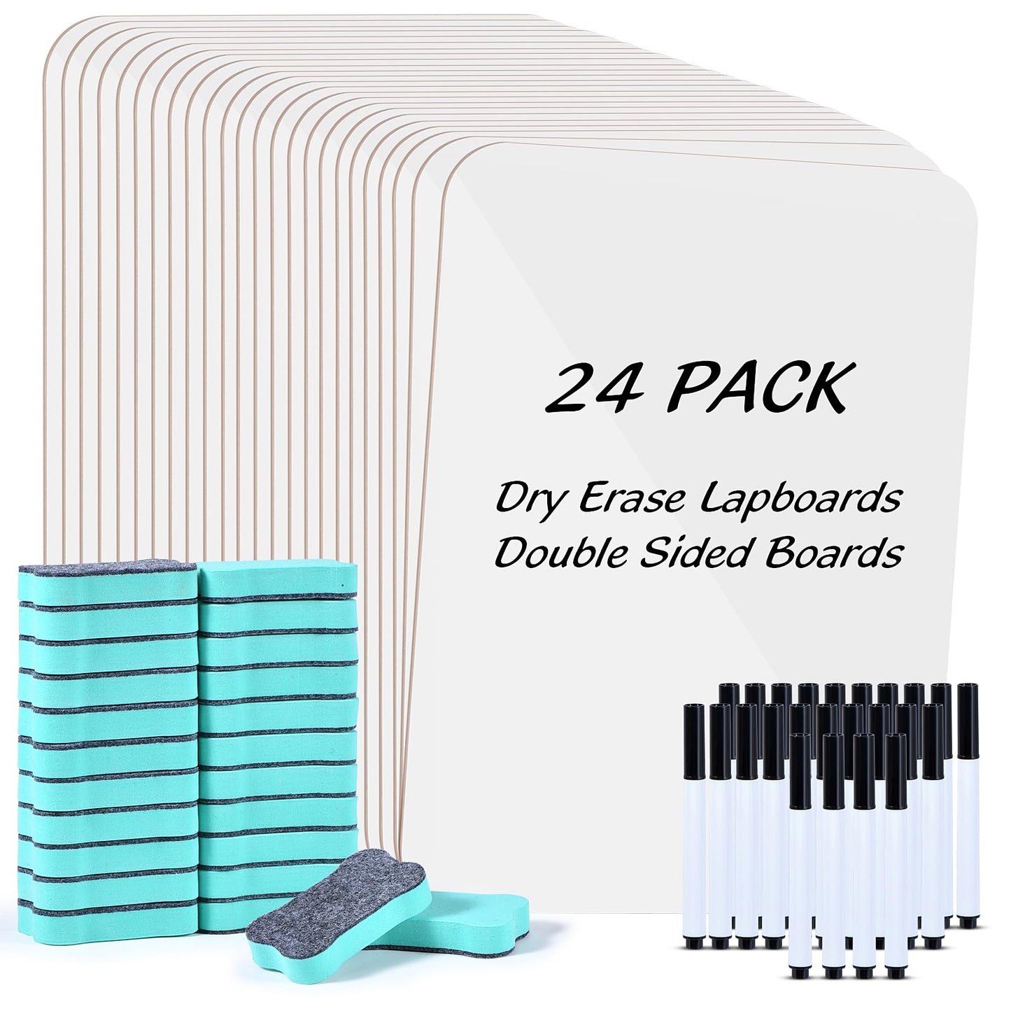 24 Pack Small White Board Dry Erase Boards Classroom Teachers Pack Mini White Boards 9" x12” Personal Whiteboards for School Students Supplies Lapboards l 24 Mini Erasers， 24 Makers Included (24)