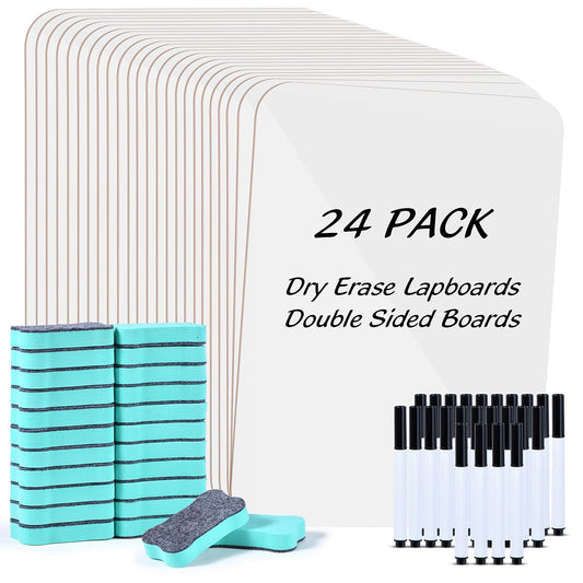 24 Pack Small White Board Dry Erase Boards Classroom Teachers Pack Mini White Boards 9" x12” Personal Whiteboards for School Students Supplies Lapboards l 24 Mini Erasers， 24 Makers Included (24)