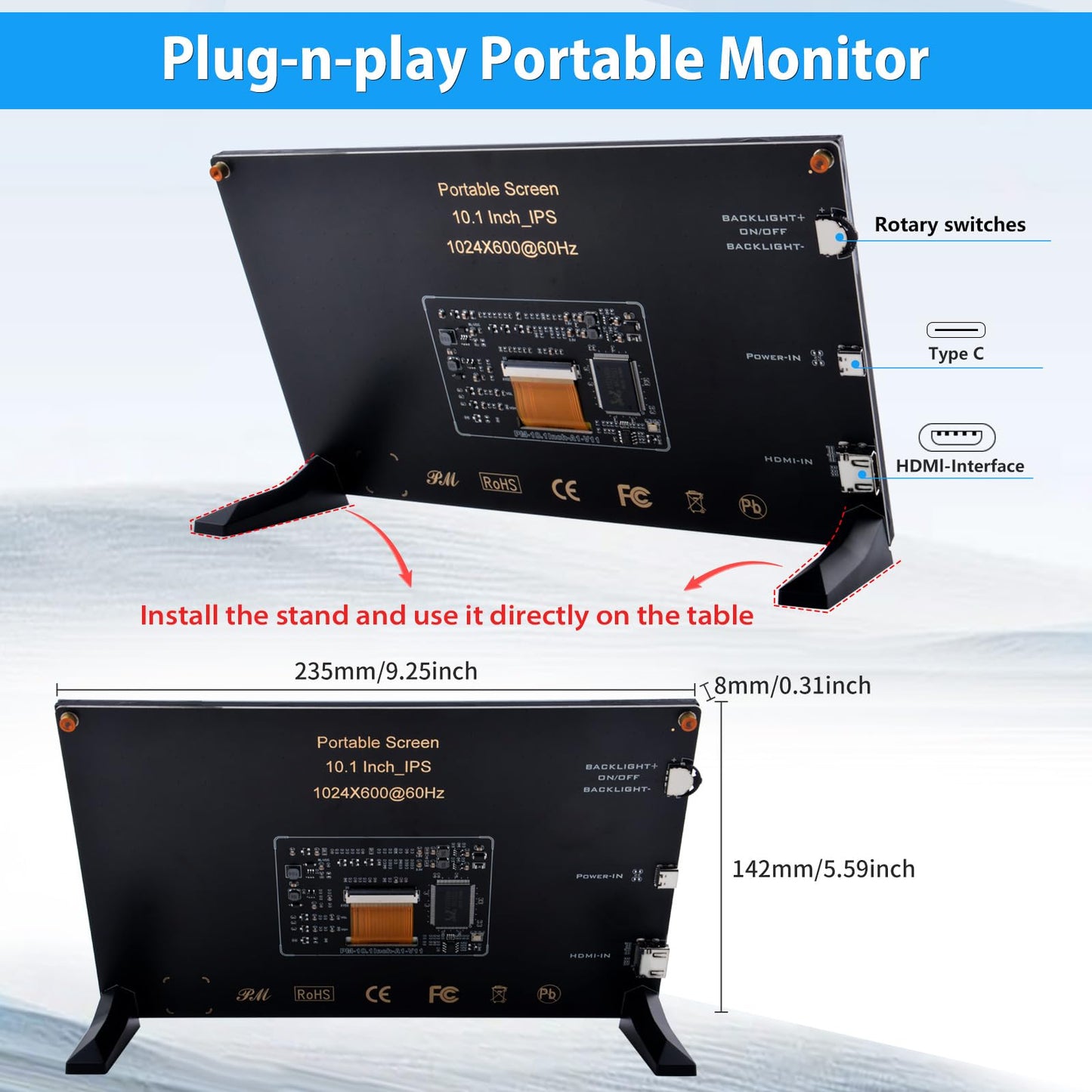 GeeekPi 10.1 Inch LCD Screen for Raspberry Pi, 1024x600 IPS LCD Display, HDMI Portable Monitor for Raspberry Pi 5/Pi 4B/3B+/3B/B+/Zero/400, Win11/10/8/7, Free Driver (Non-Touch)